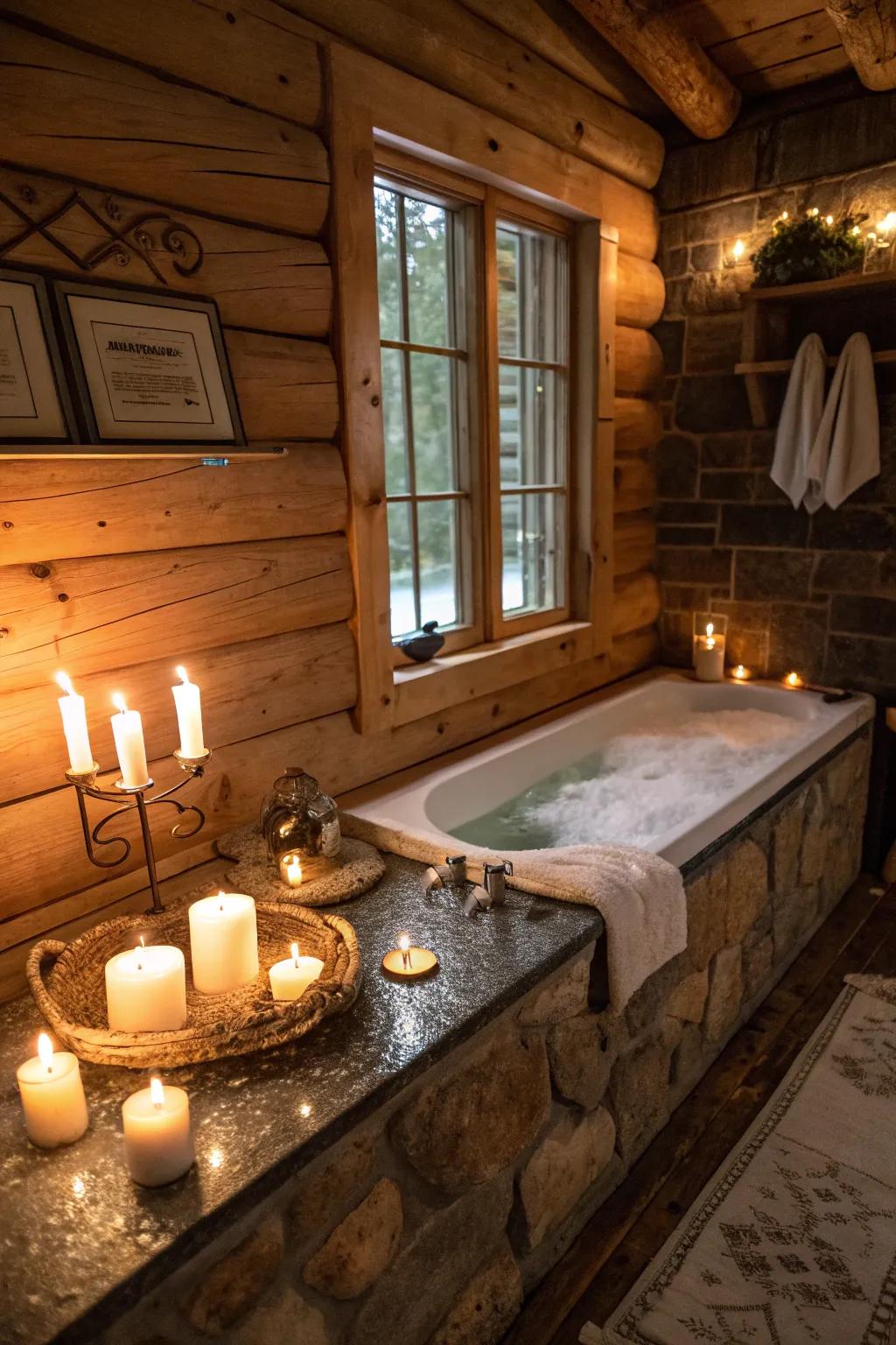 A cabin bathroom with candles for a restful, spa-esque ambiance.