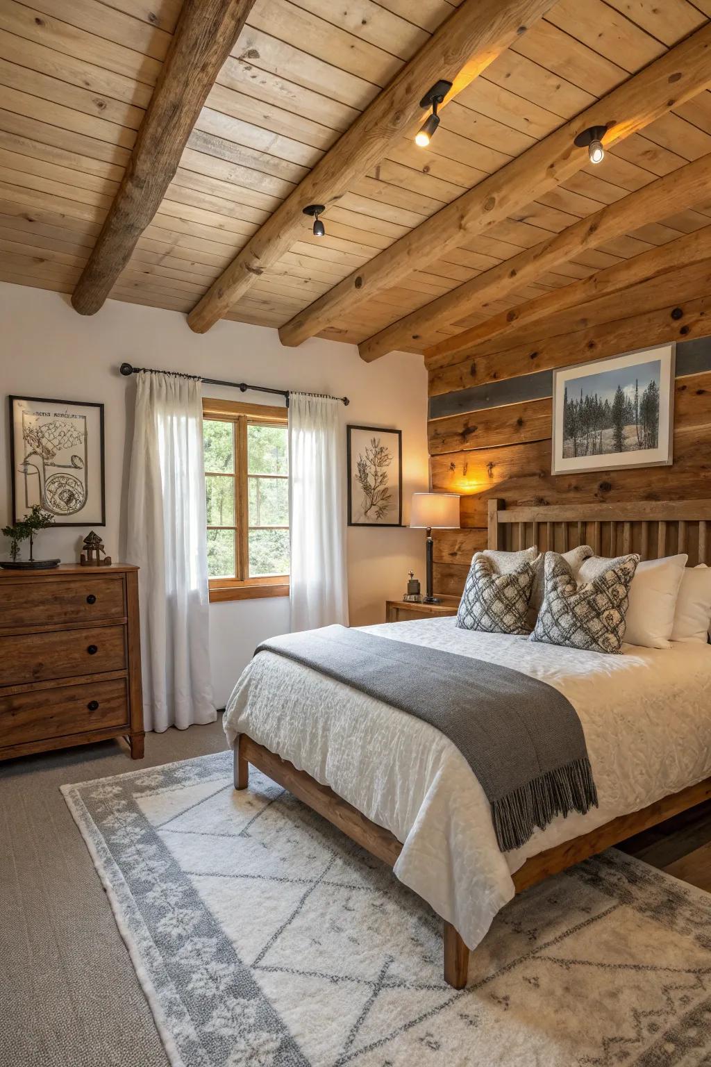 A cabin bedroom combines modern and rustic elements.