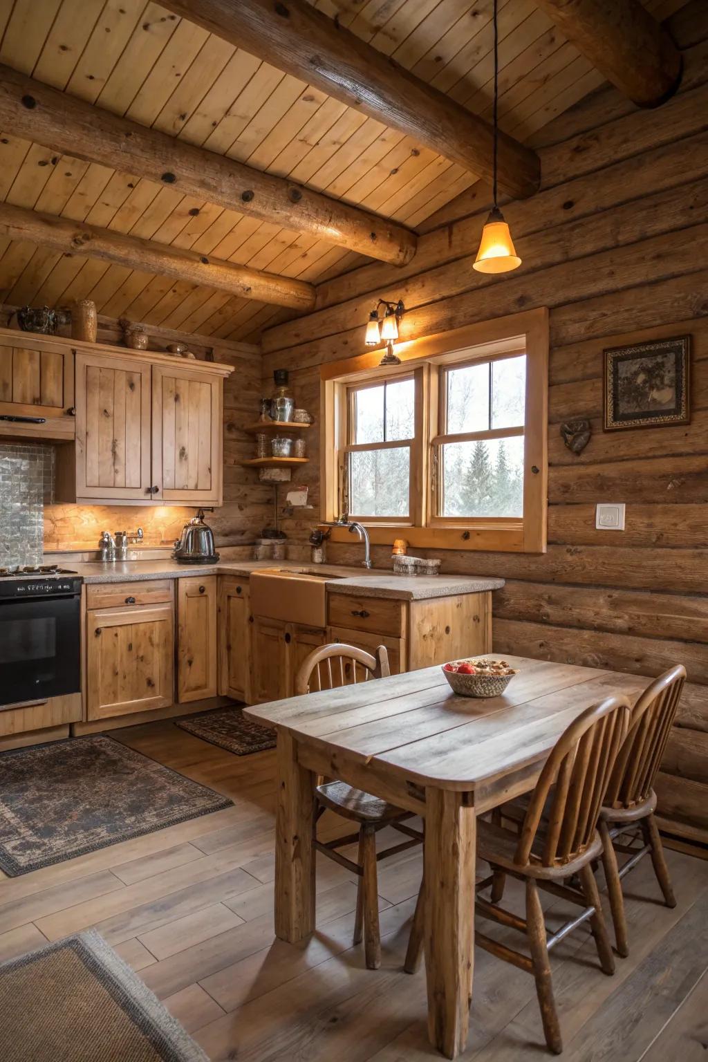 Earthy tones match the natural materials in a cabin kitchen.
