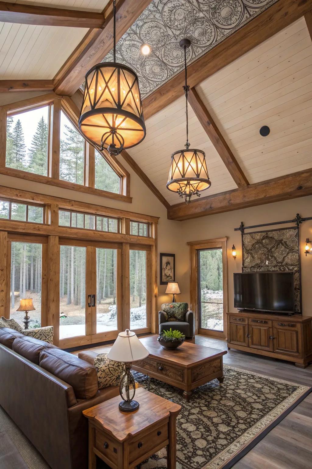 Decorative top fixtures enhancing the design of a cabin living space.
