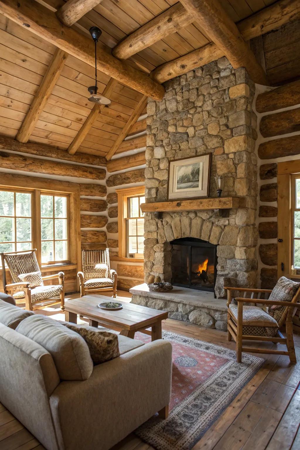 Traditional log cabin aesthetics brings country charm to this living space.