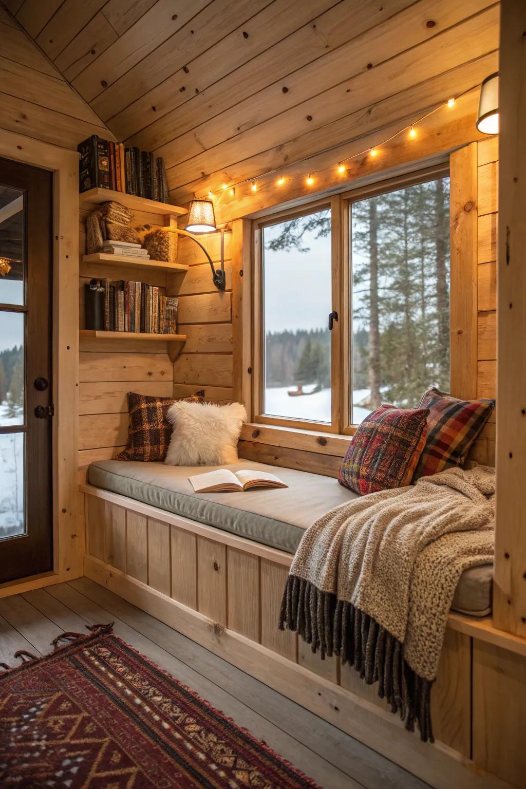 A comfortable reading space integrated into the cabin surface.