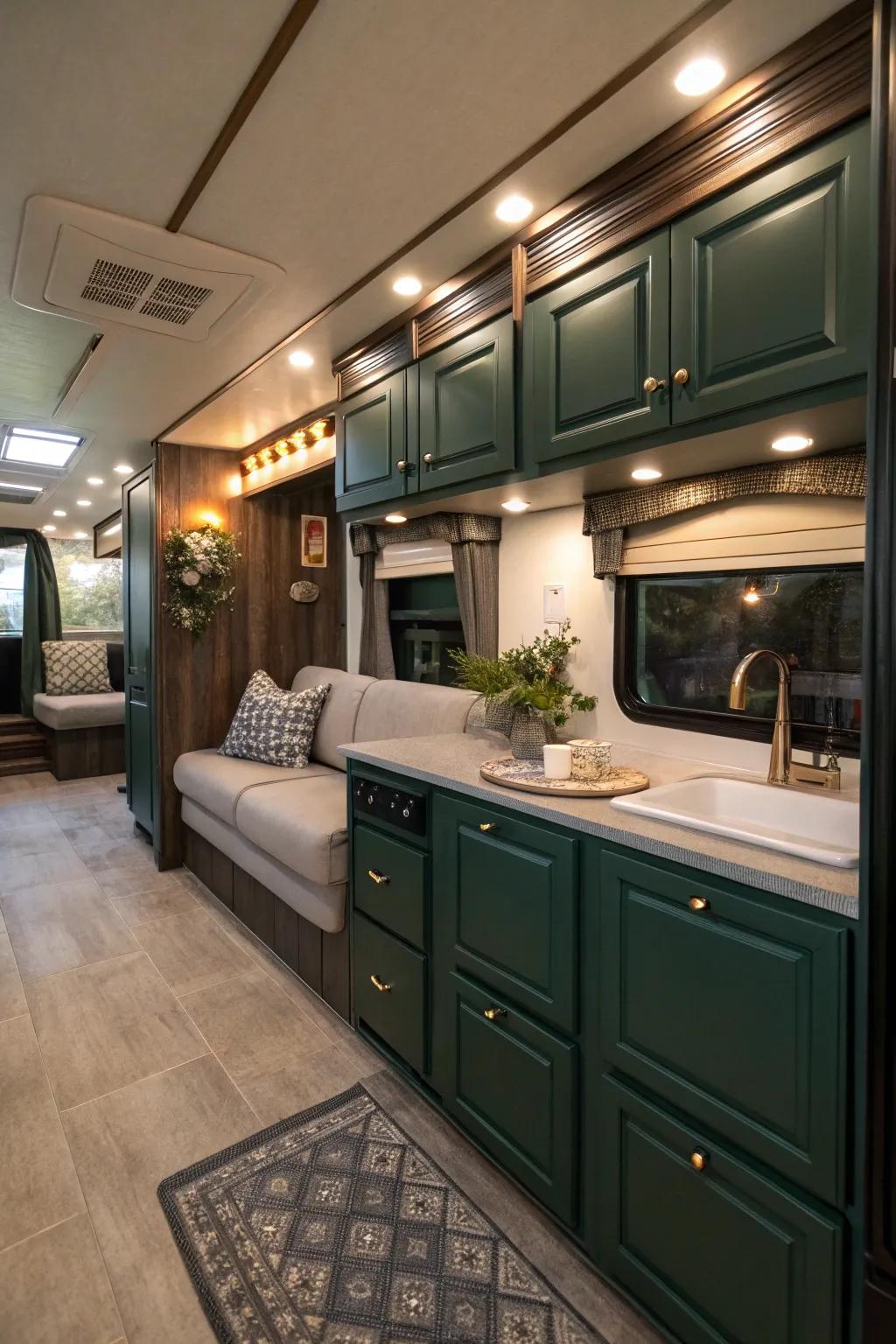 Deep green cabinets provide a lush, sophisticated feel.