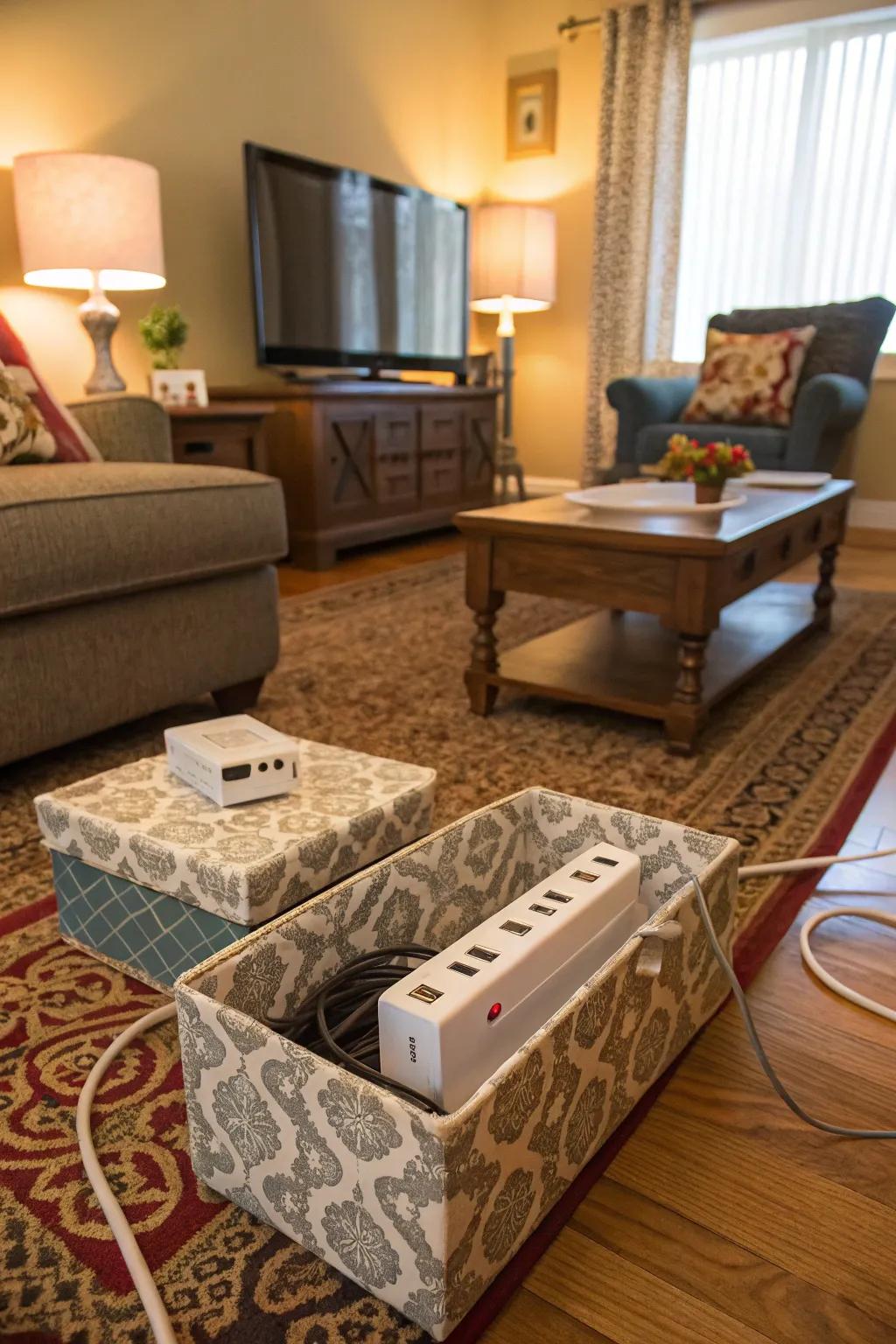 Ornamental casings stylishly concealing power strips.
