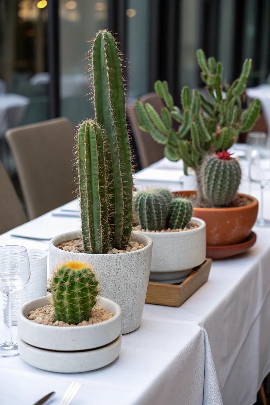 Tiering succulents at varying heights appends depth to the display.
