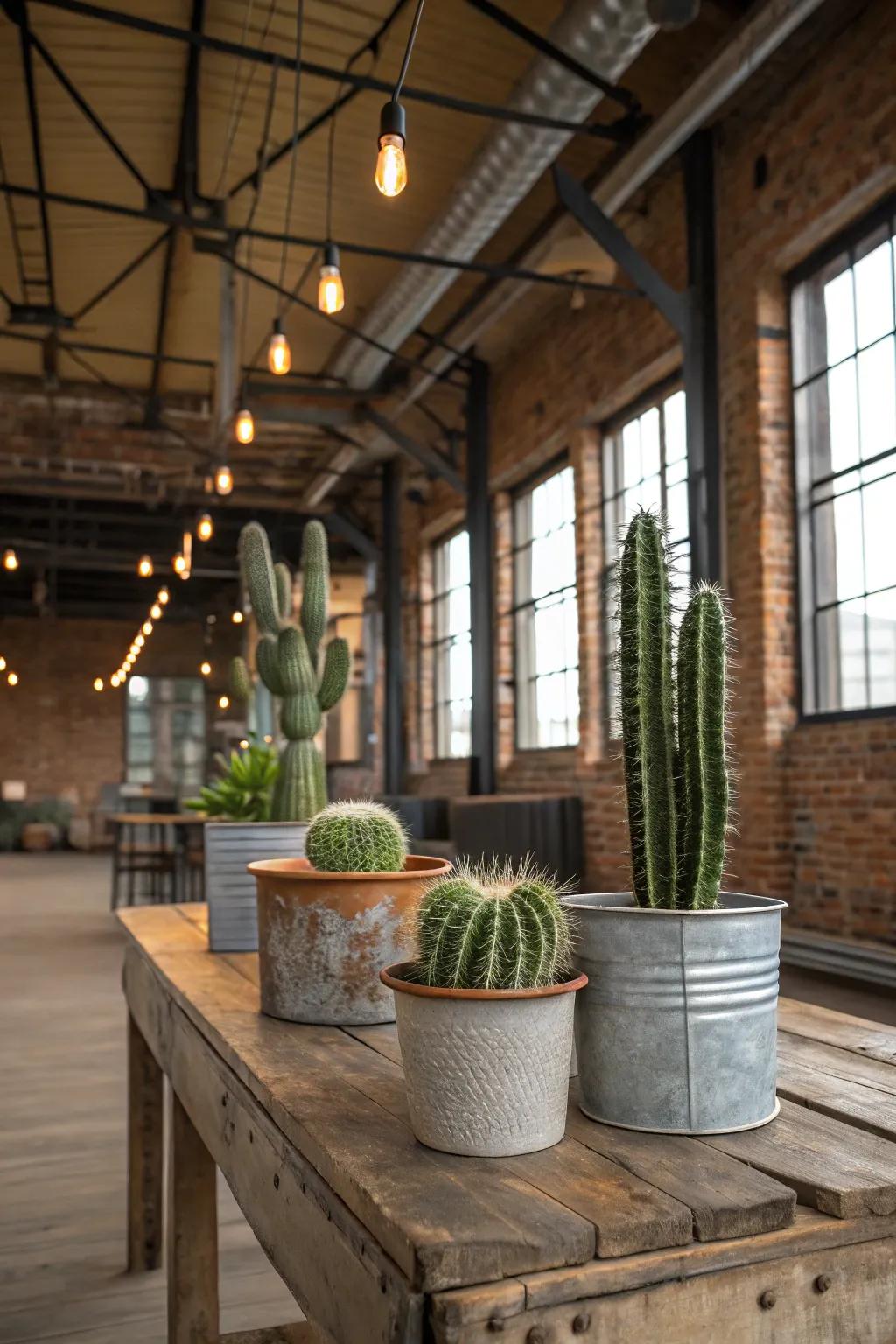 Recycled metal containers contribute an industrial flair to your cactus display.