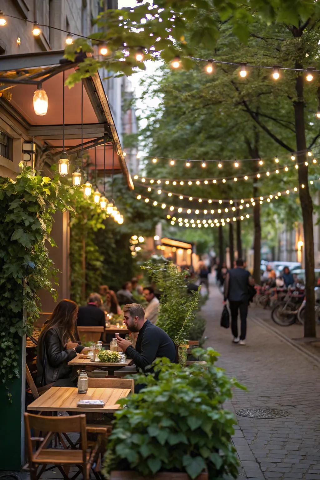 A whimsical outdoor café space beautifully illuminated with magical fairy lights.