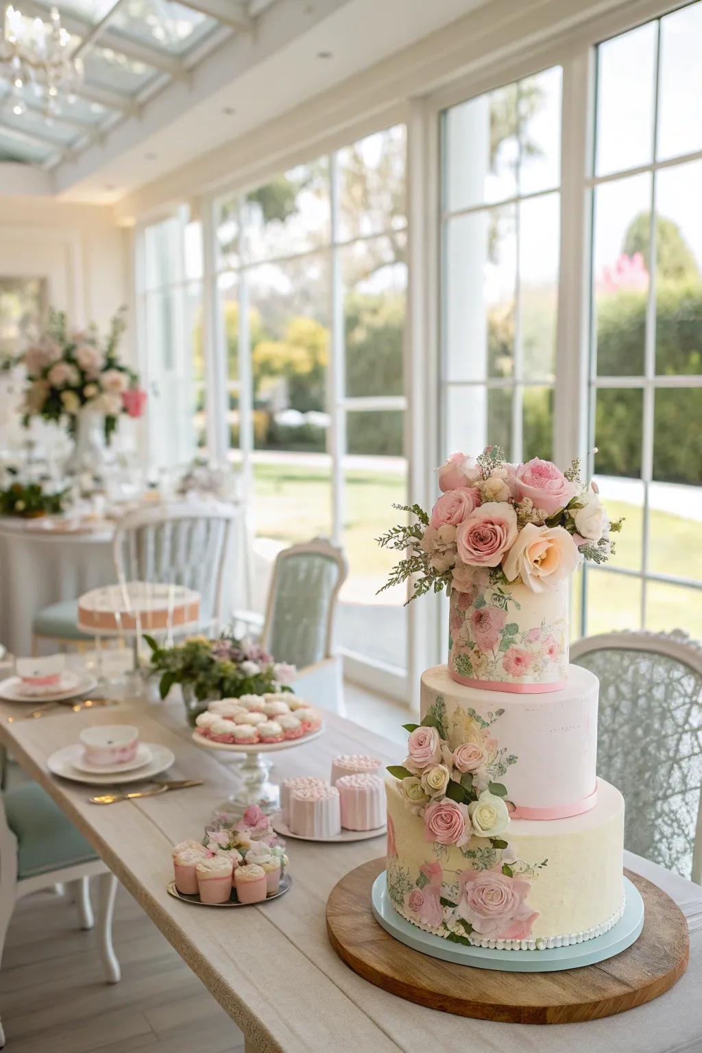 A cake table featuring a pastel color palette, creating a soft and inviting atmosphere.