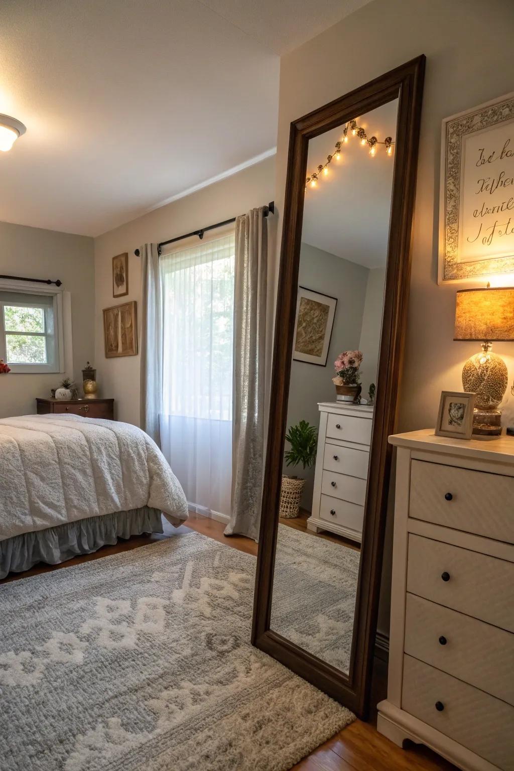 Bedroom displaying a large floor-length mirror that casts natural light.