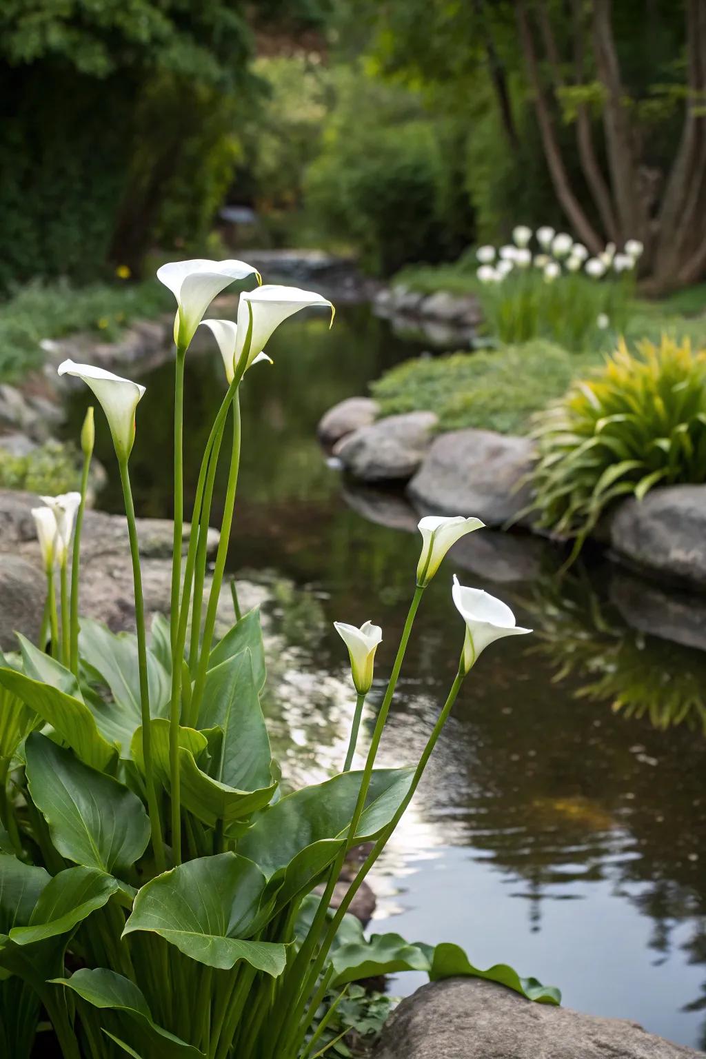 Swan flowers flourish beside a peaceful garden water feature.