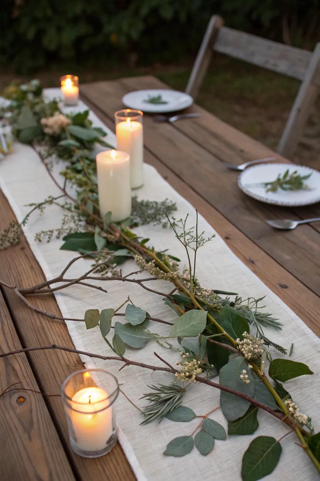 A rustic table path featuring natural elements and wax lights.