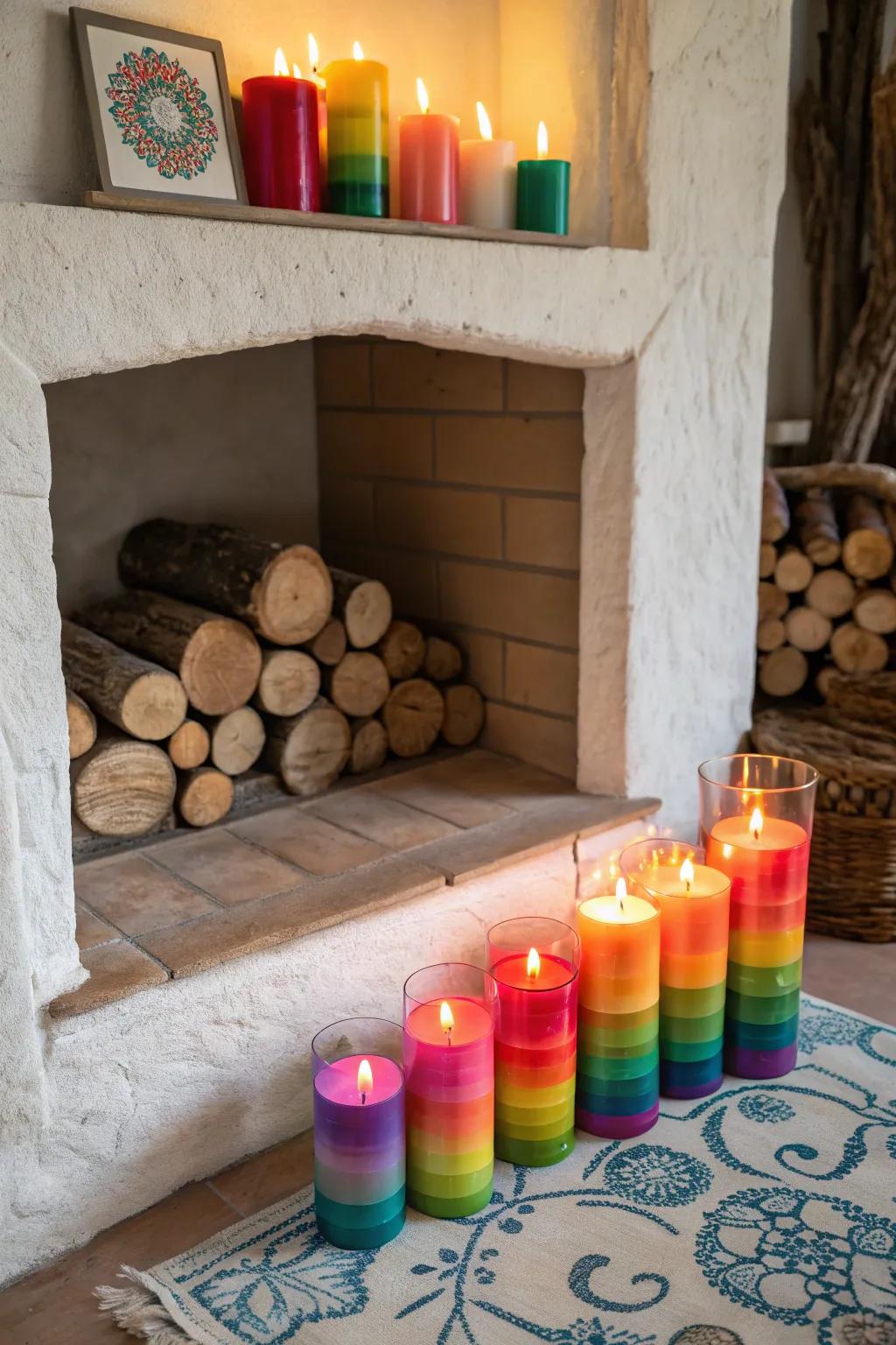 Colorful wax pieces brighten up the fireplace with playful flair.
