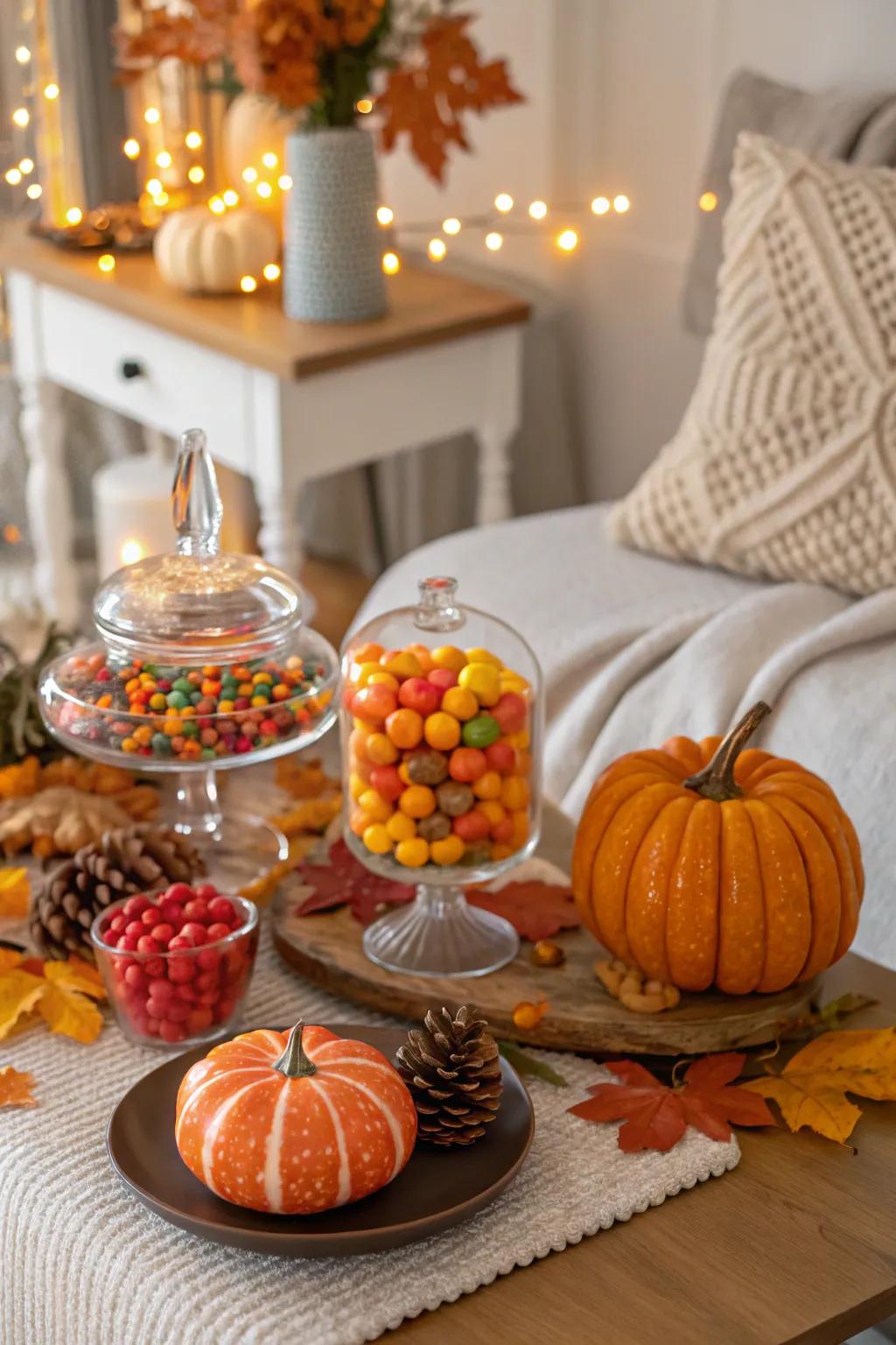 A seasonal autumn-themed sweet table with decorative elements