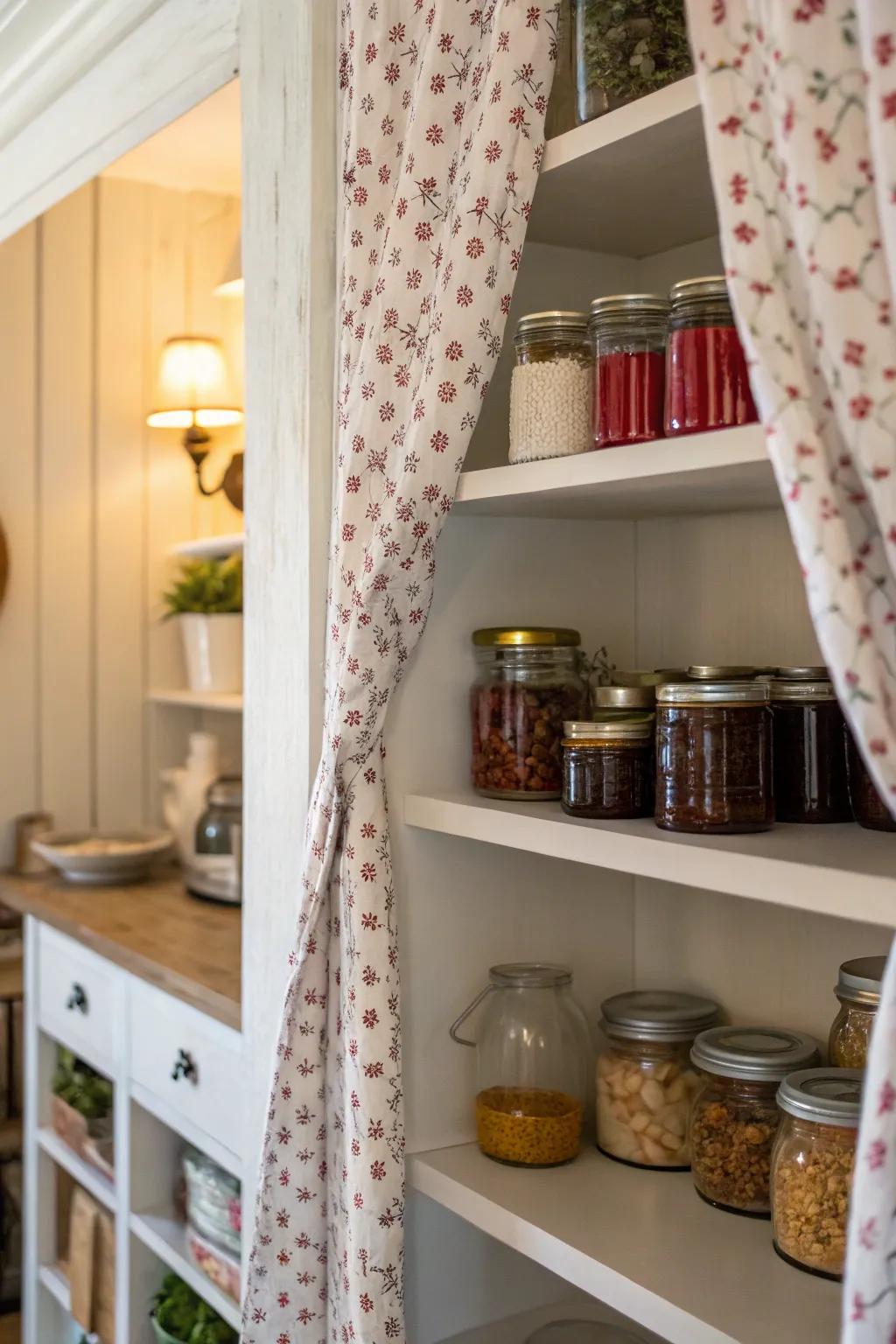 Conceal clutter utilizing a fashionable curtain on your open racks.
