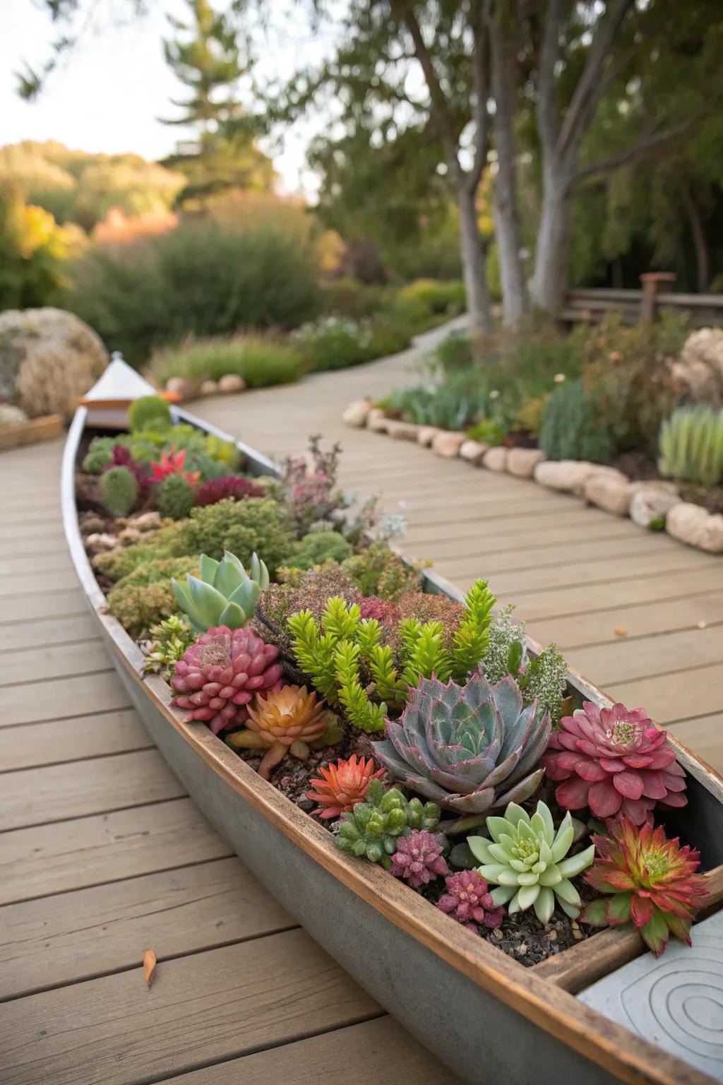 Succulents create a visually impressive, easy-care canoe planter.
