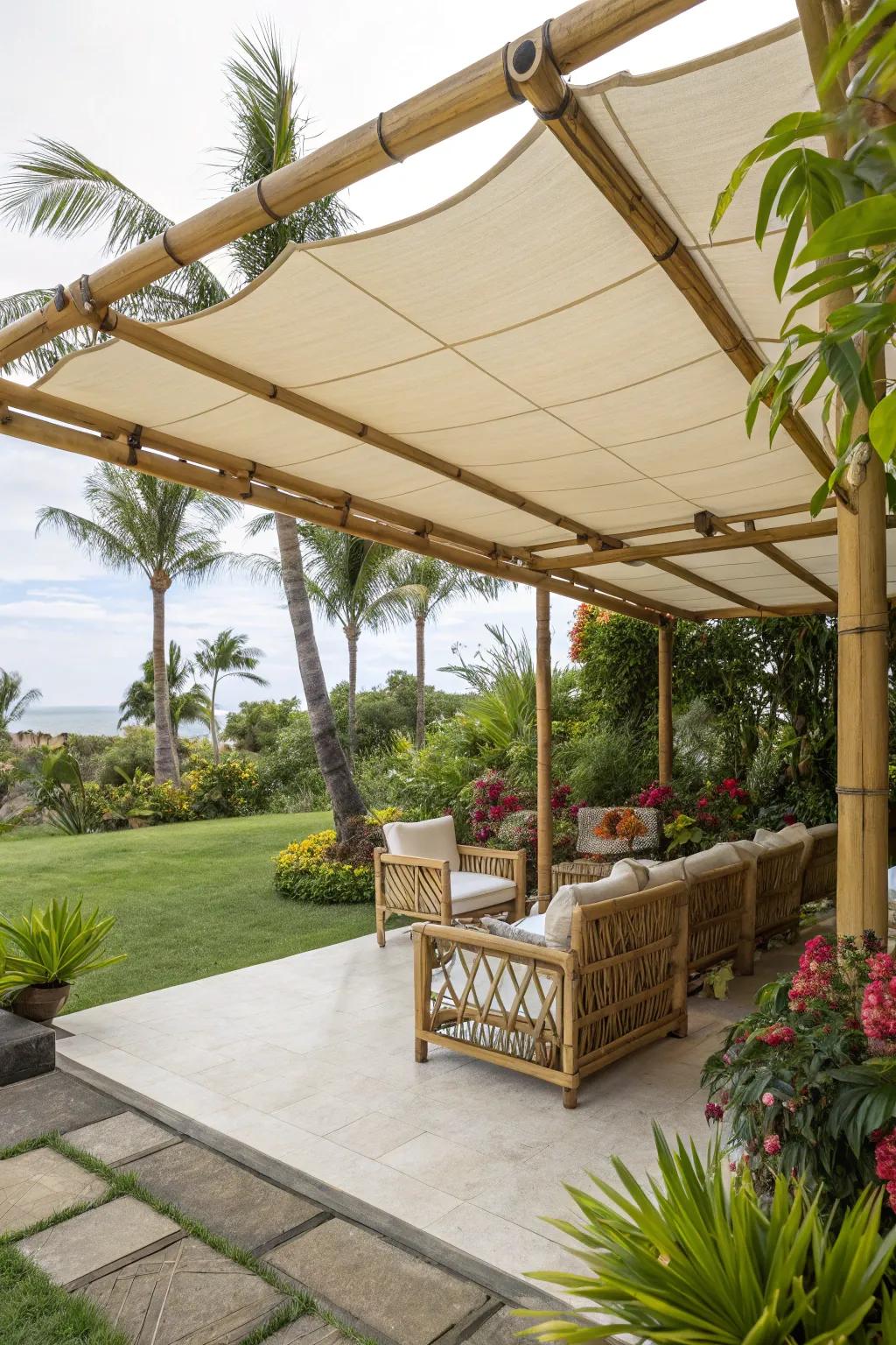 Reed details bring a hint of the tropics to canvas roofs.