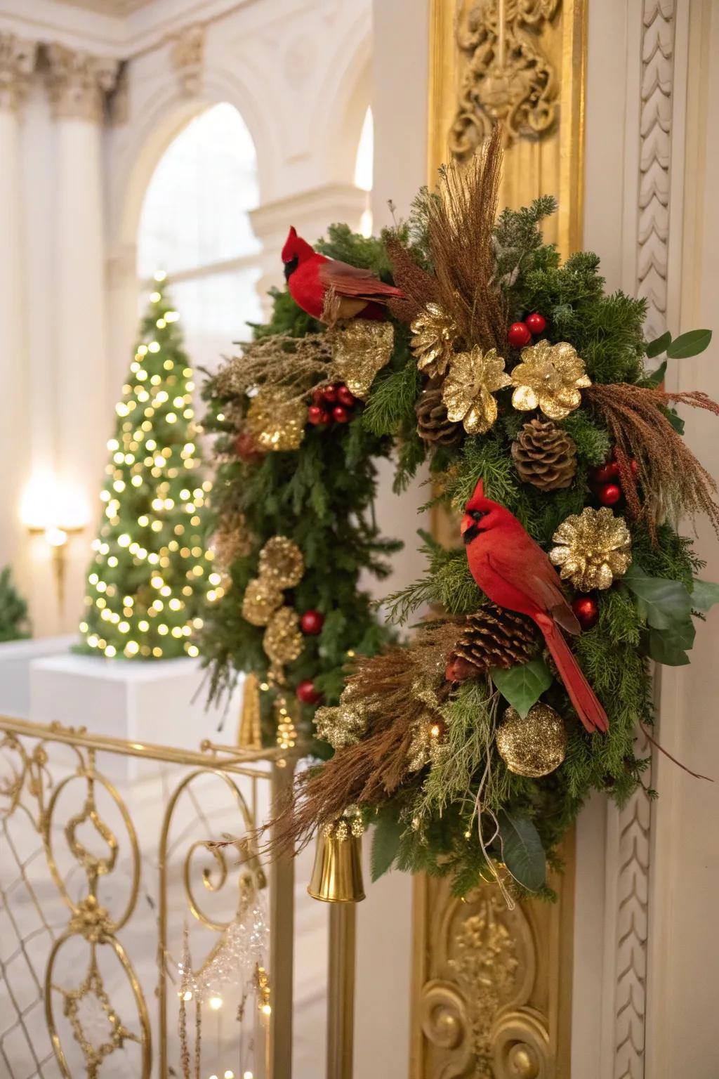 A glimmering songbird wreath that adds holiday sparkle.