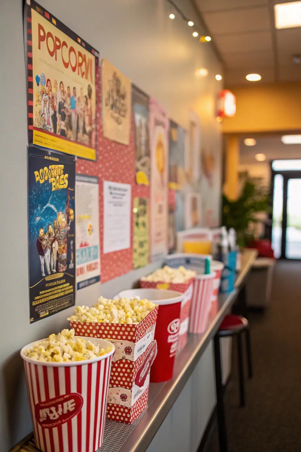 A mini food booth contributes a nostalgic touch with its popcorn theme.