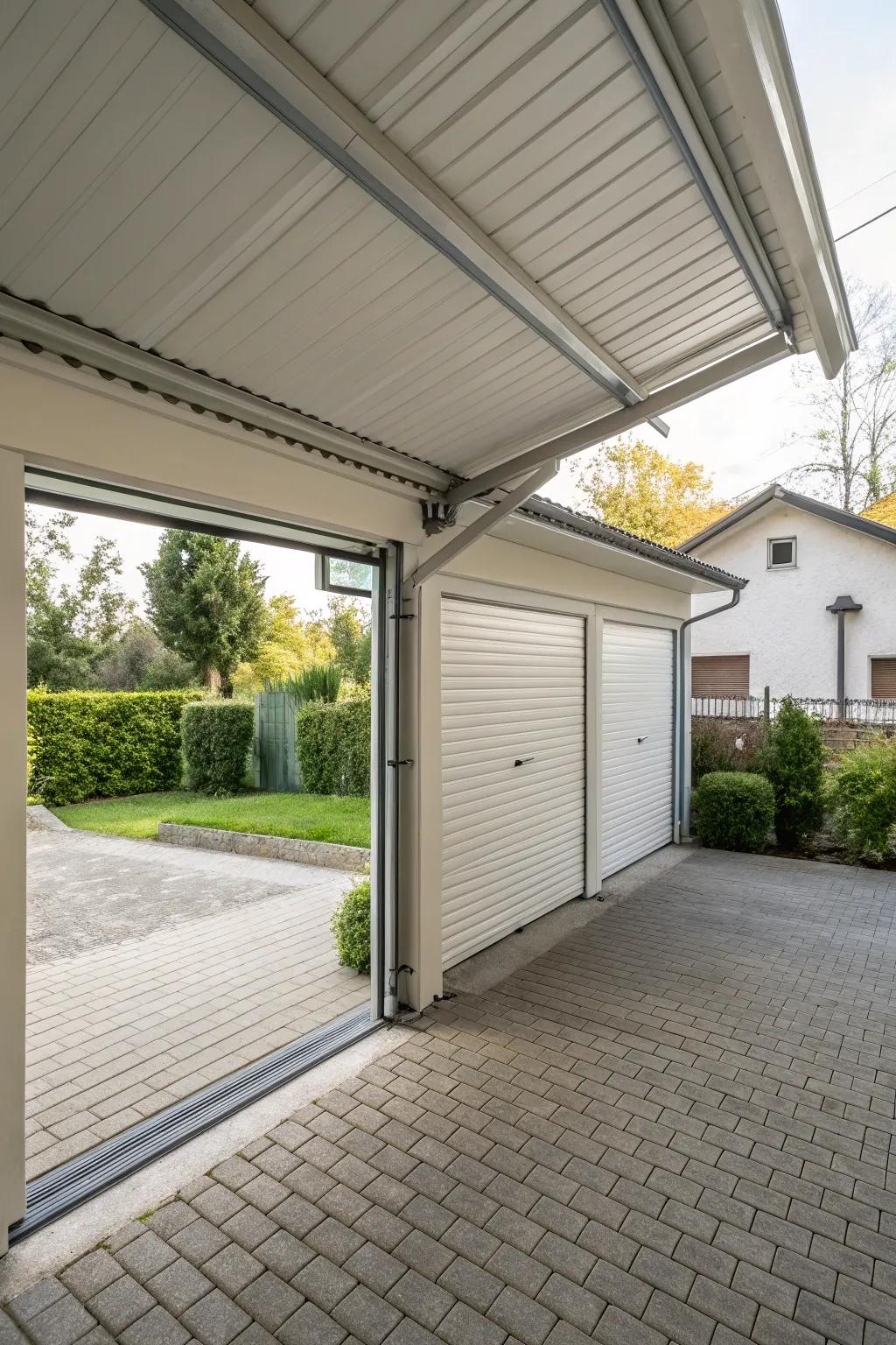 An enclosed carport showcasing roller entryways, ensuring safeguard and protection from harsh weather.