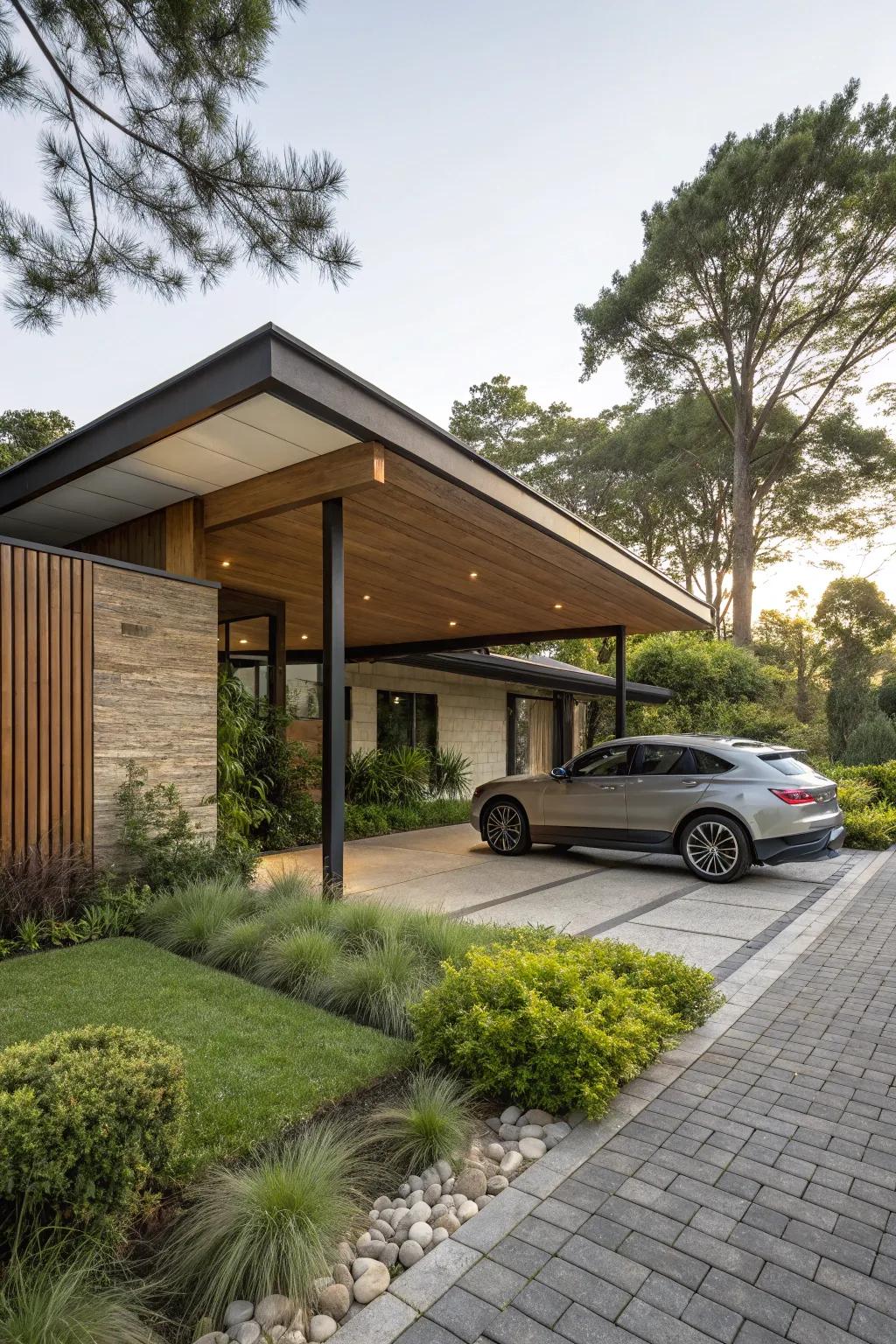 A carport that integrates seamlessly with its natural environment.