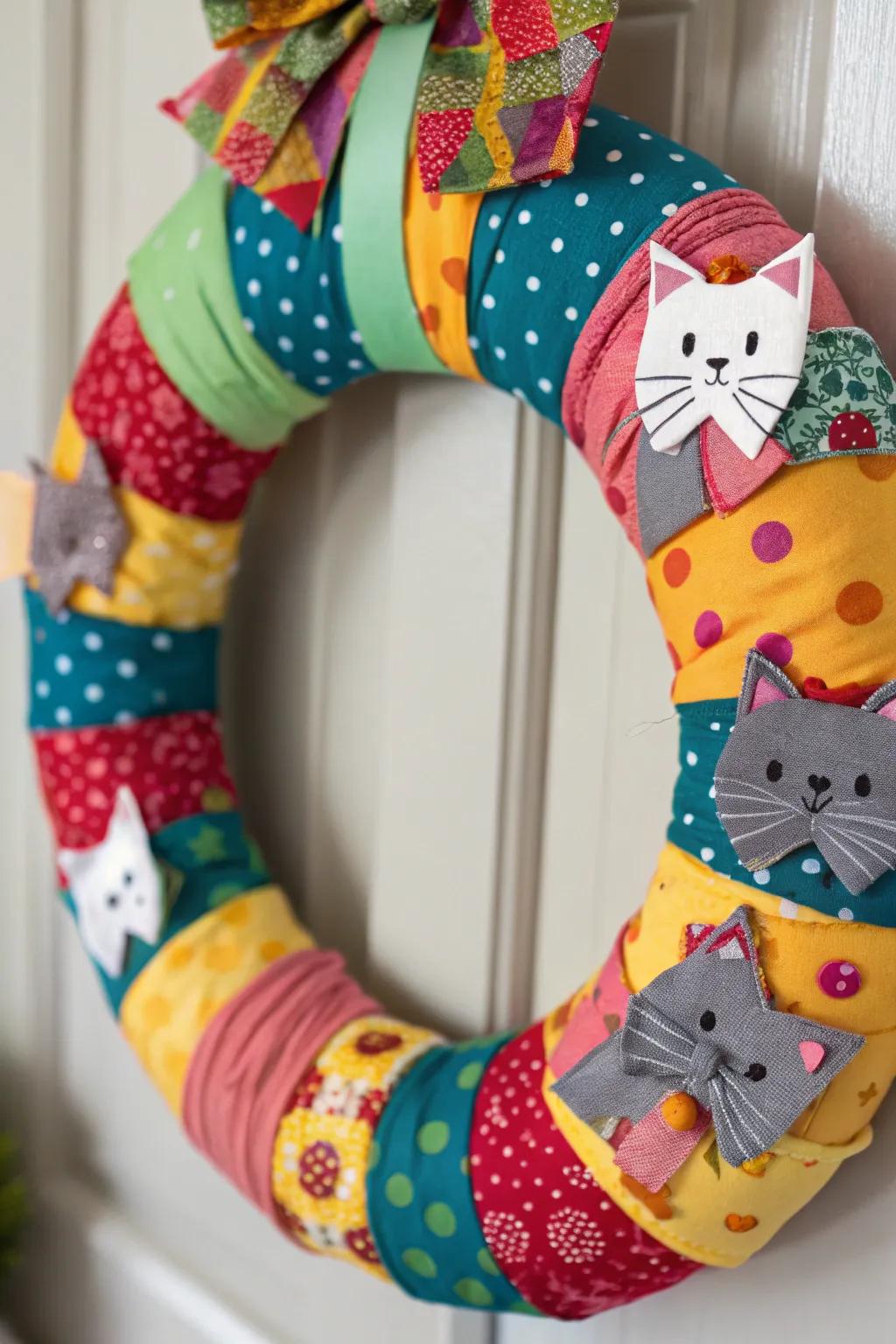 An eclectic material cat wreath for a unique twist.