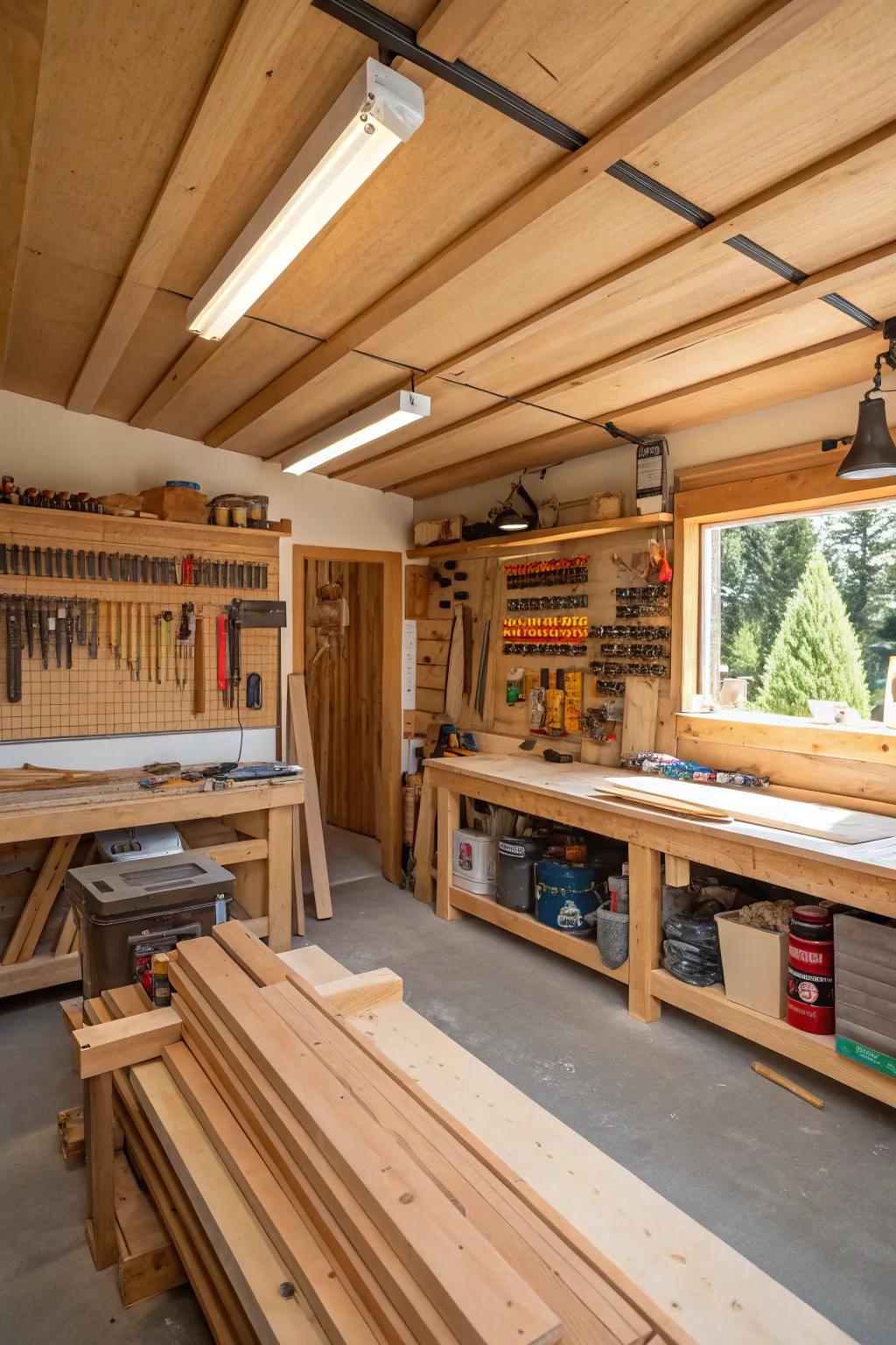 A home workshop set up for a DIY wooden ceiling project.