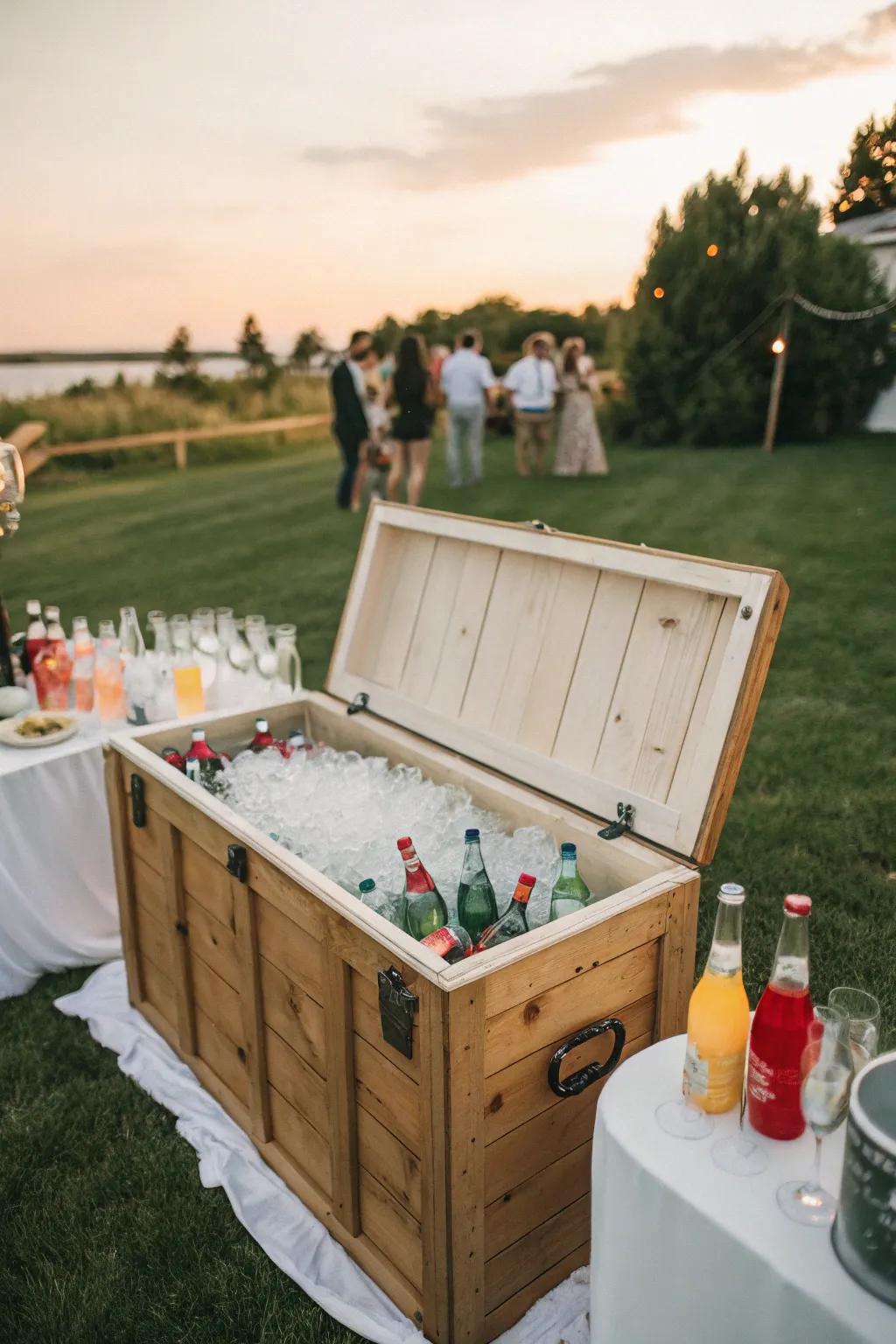 A storage trunk ingeniously transformed into a drink cooler for gatherings.