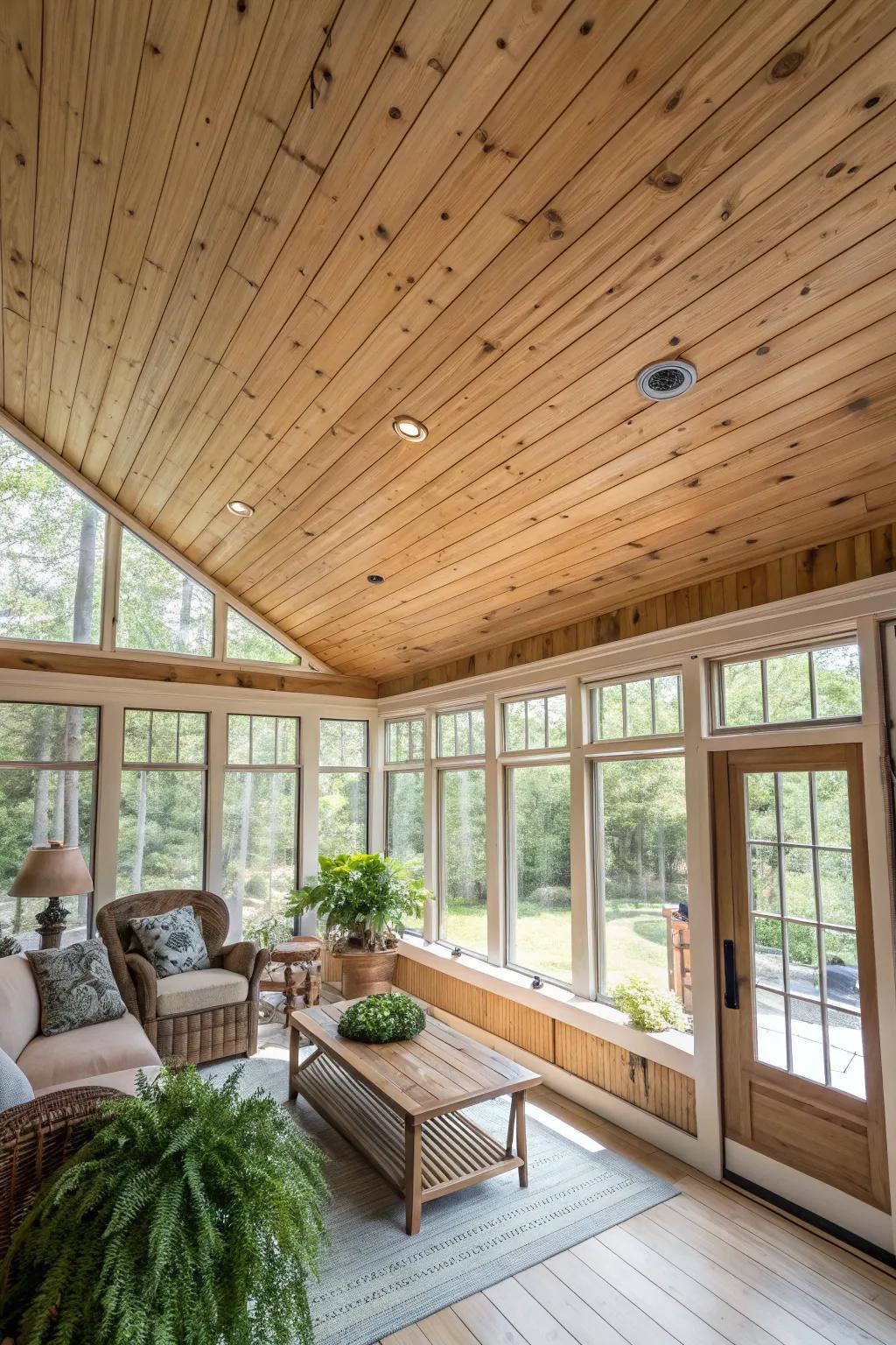 Matching planks offer a warm and inviting ceiling finish.