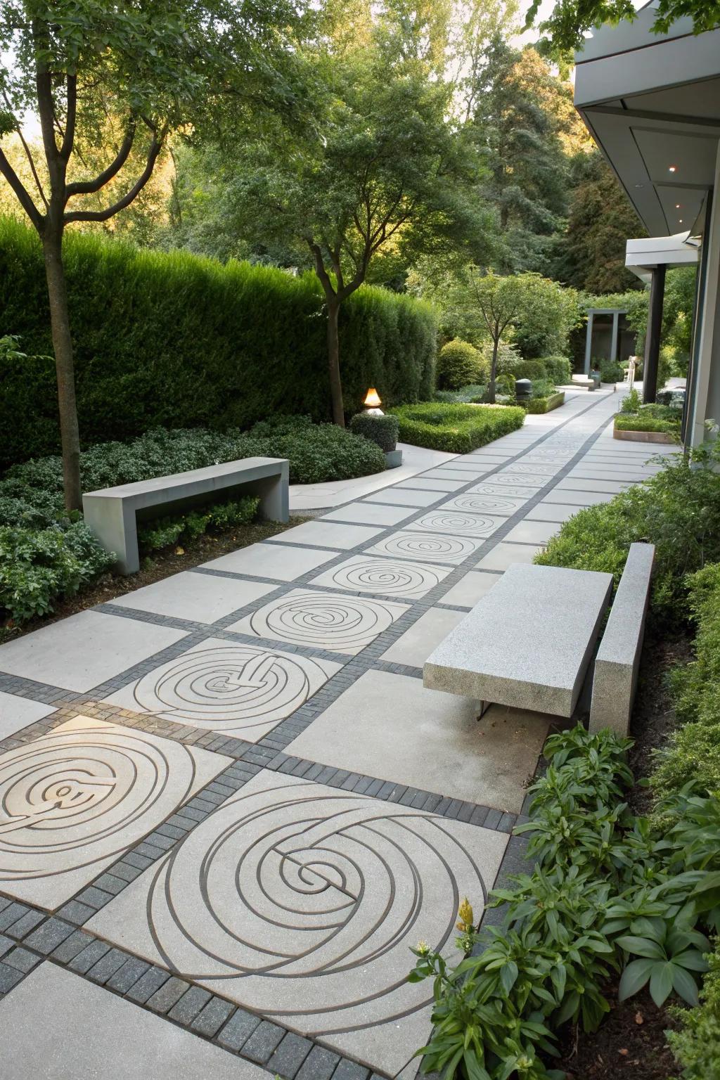 Elaborate etched designs in concrete for an artistic walkway.