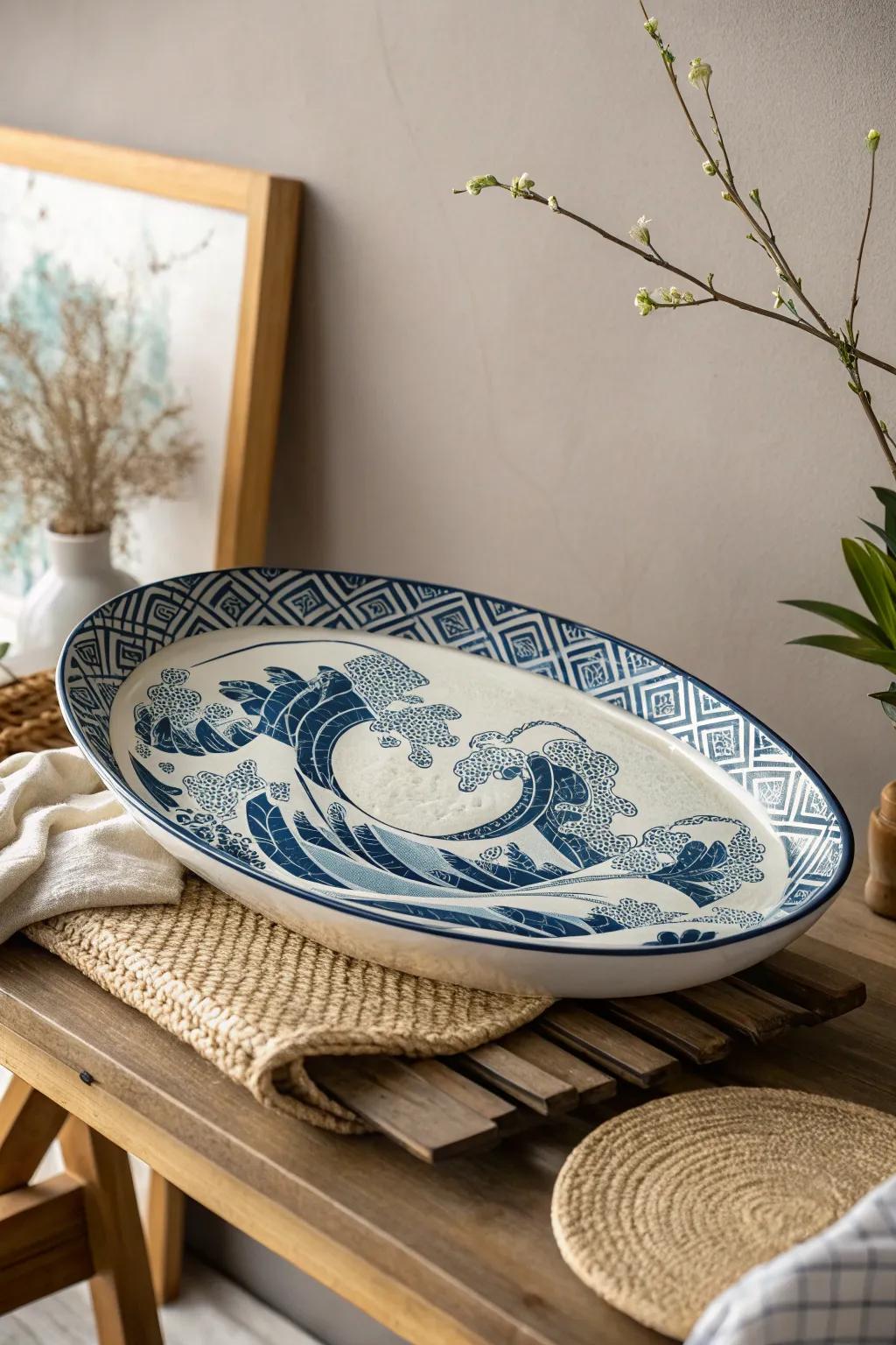Embrace the art of ease with a ceramic serving dish inspired by traditional Japanese waves. Ideal for adding cultural beauty to your space.