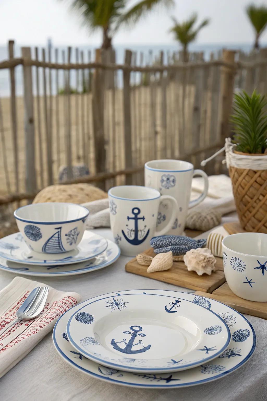Bring coastal charm to your table with nautical ceramics.