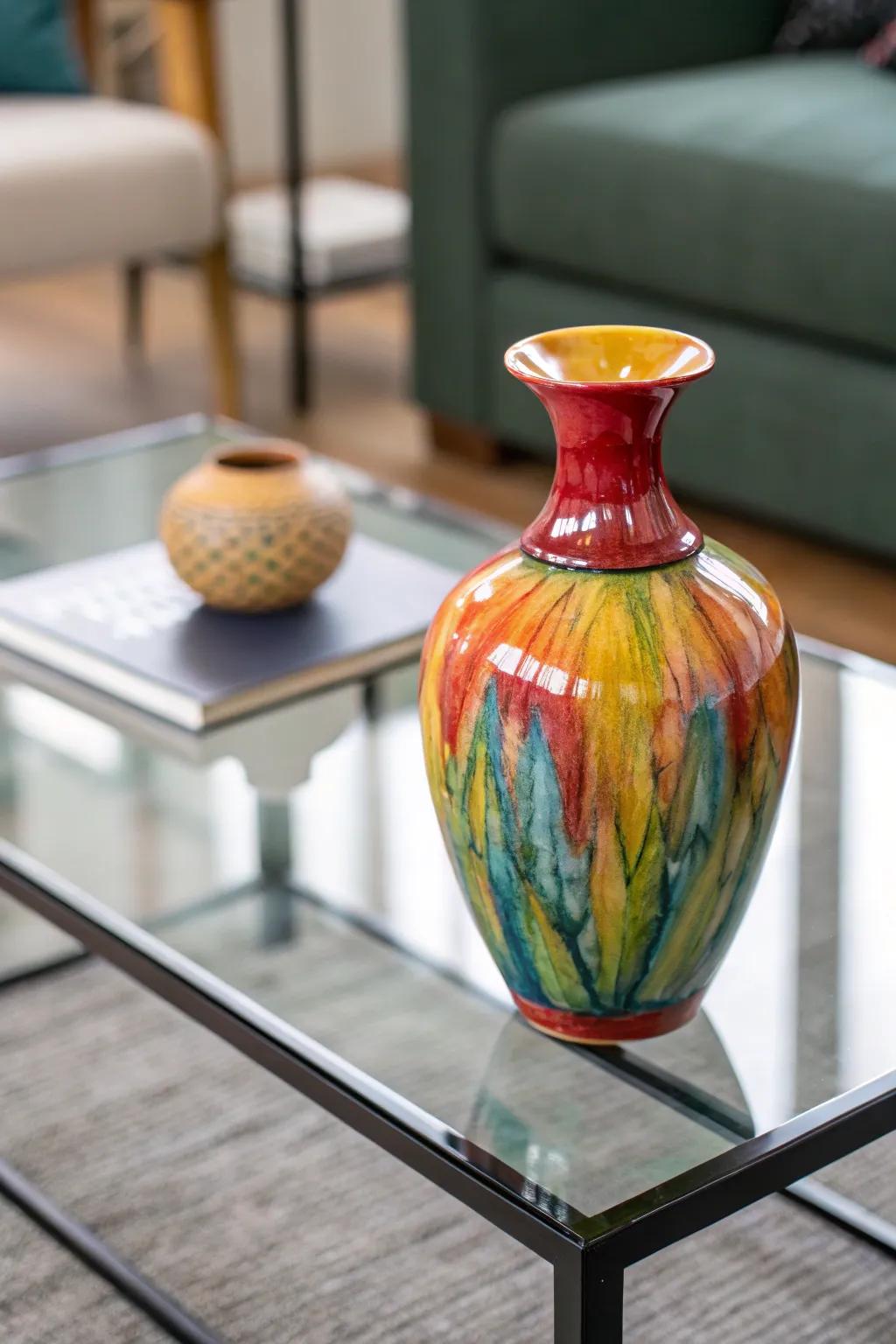 A glazed ceramic vase adds a touch of playfulness to the décor.