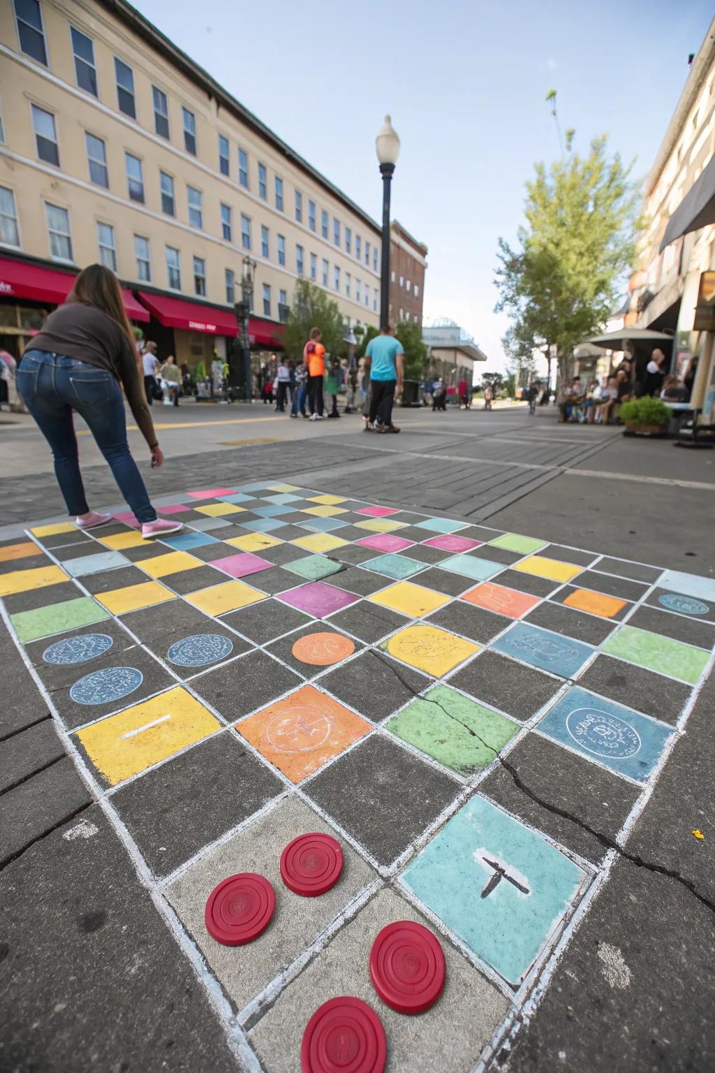 A fun crayon-drawn checkers board ready for outdoor fun.