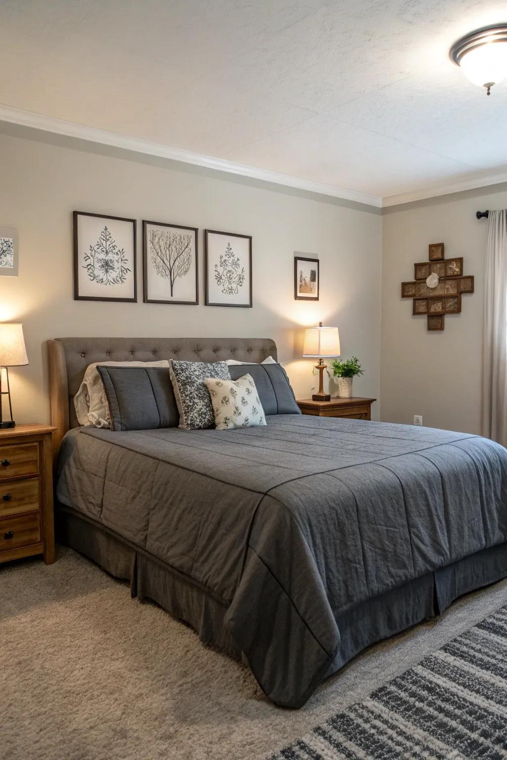 Deep gray bedding offers a subtle yet stylish twist.