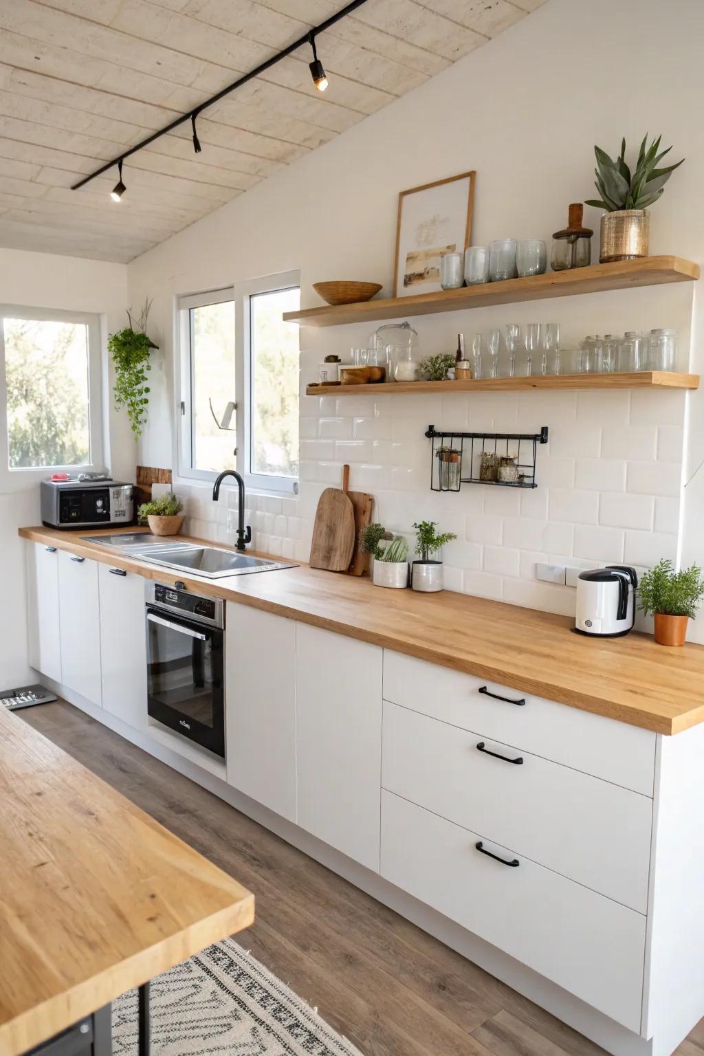 A unique kitchen displays stained plywood countertops.