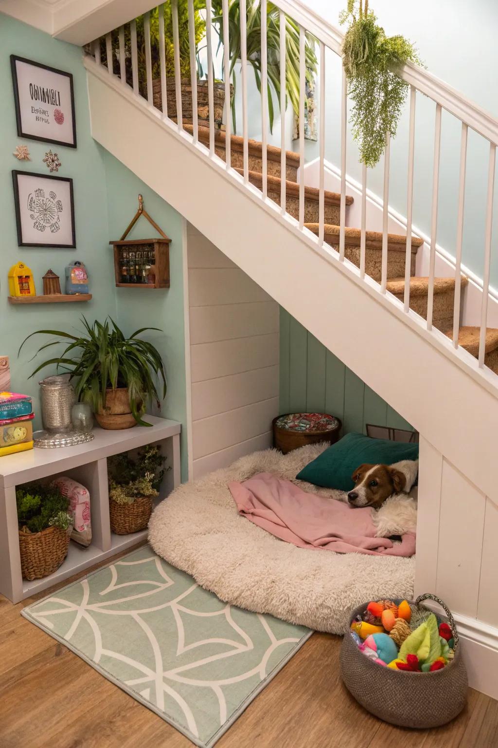 Use the space under the stairs for a special kennel nook.