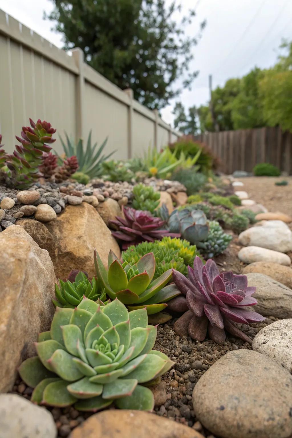 Succulents and rocks offer a low-maintenance, artistic landscape solution.