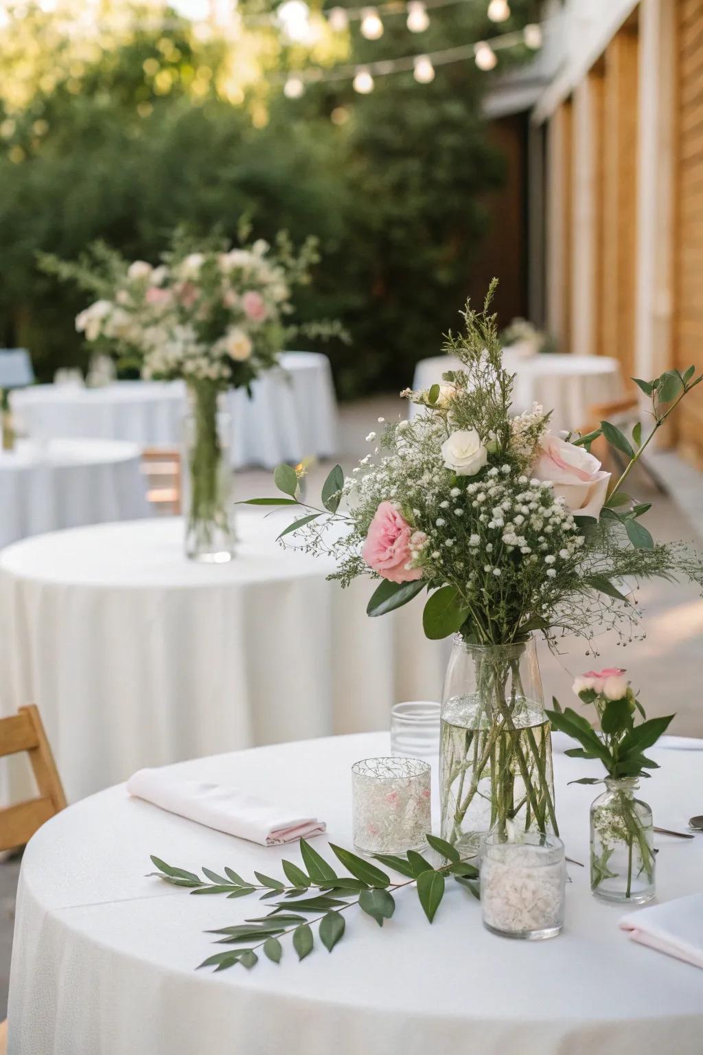 Chic minimalist floral arrangements give this wedding table a stylish look.