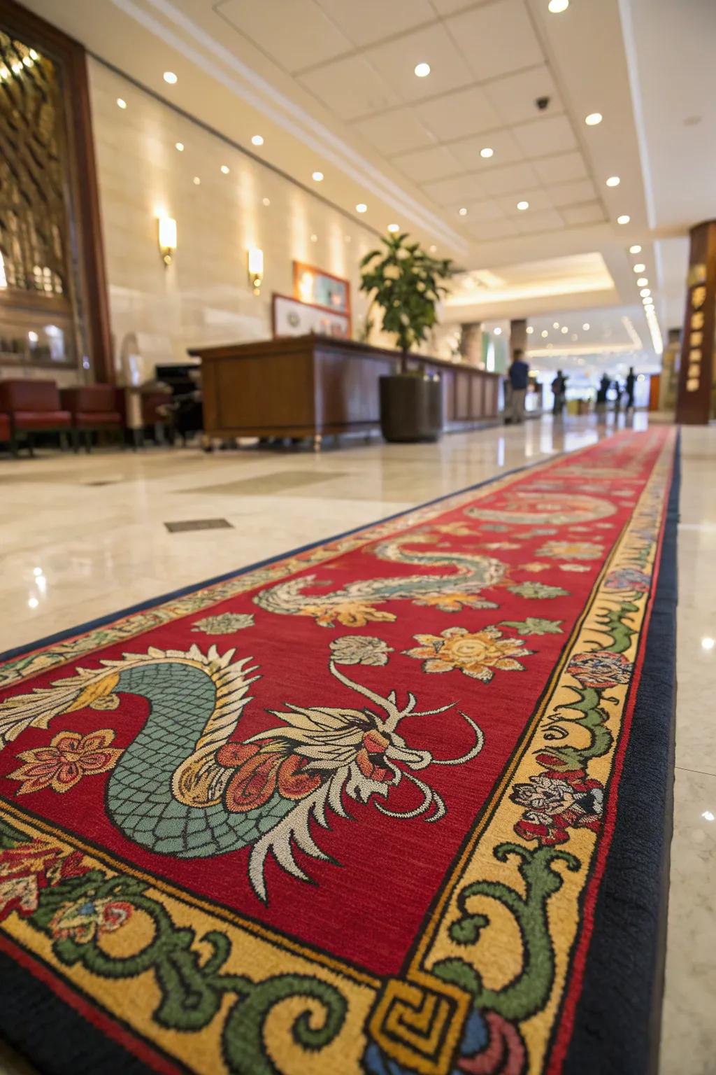 A vibrant rug adding color and pattern to the lobby floor.