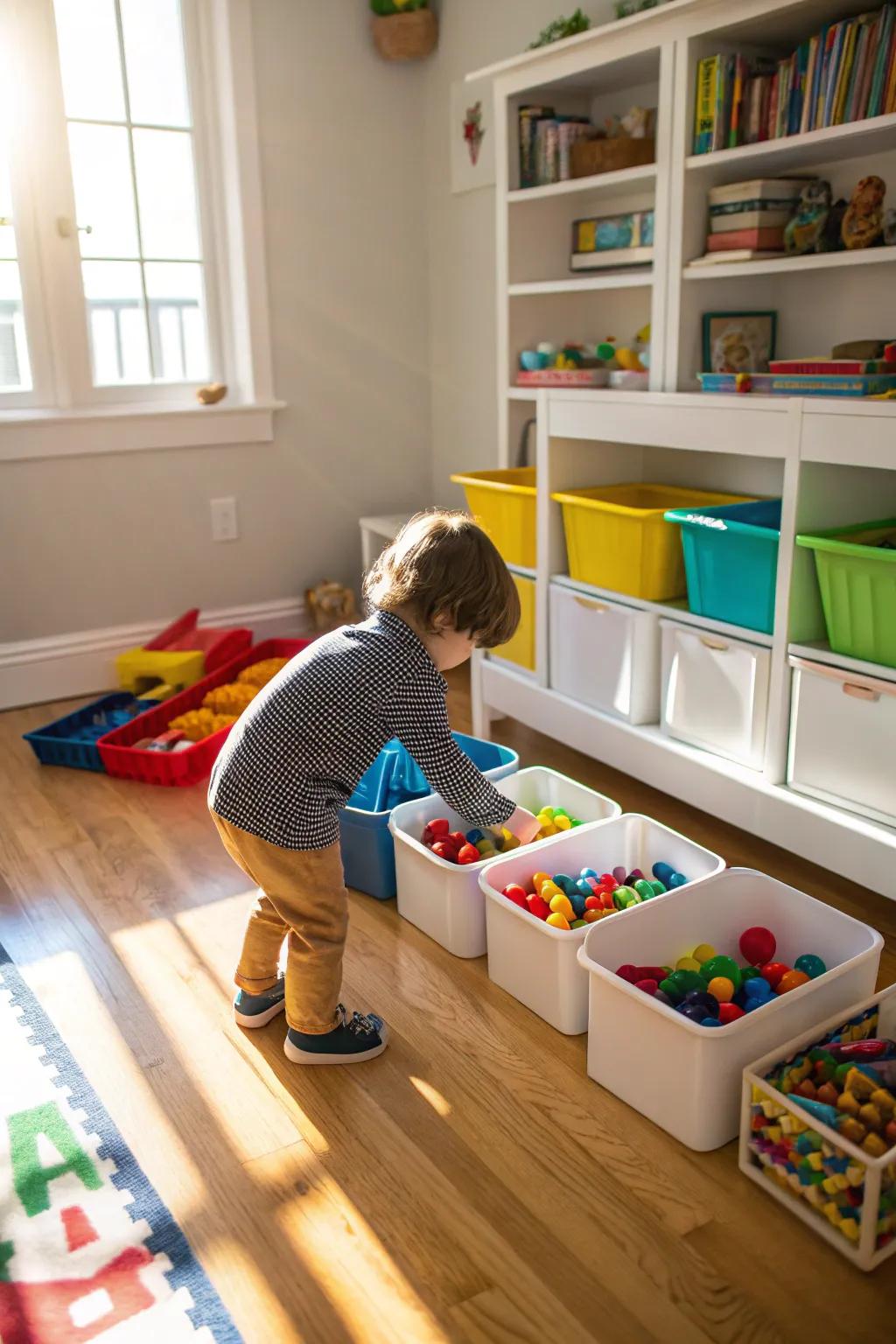A child tidies up their play space, learning organization.