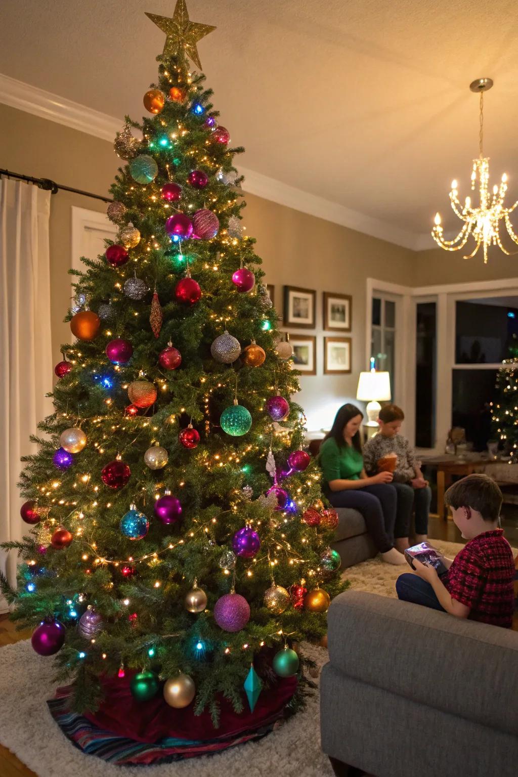 A color pop extravaganza Christmas ball tree that's vibrant and full of joy.