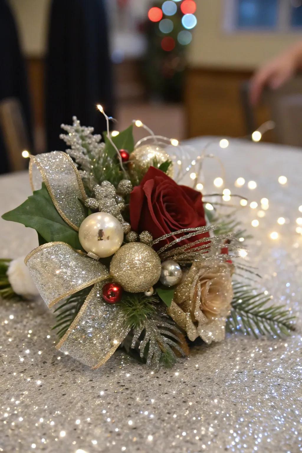 A glamorous Christmas corsage with glimmering accents.
