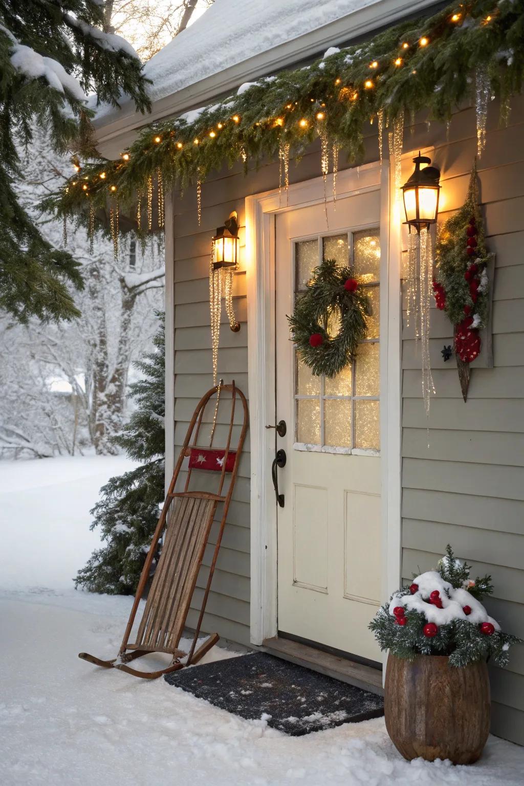 Nostalgic charm with a vintage sled display.