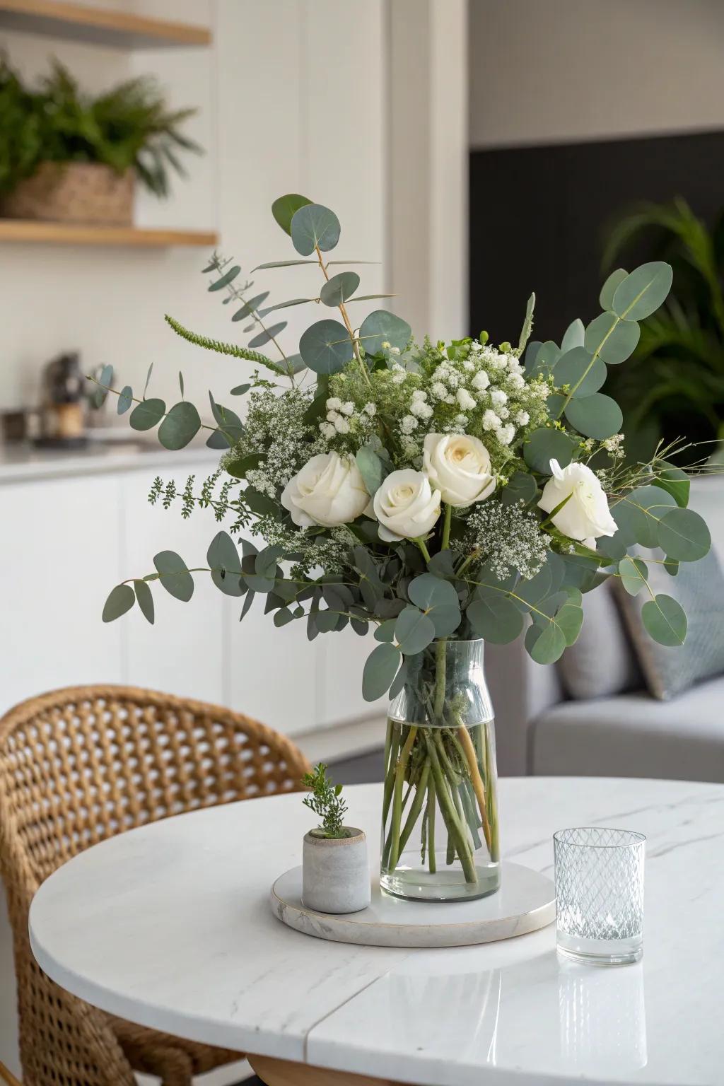 'Misty greens' and white blooms offer a fresh, modern vibe.