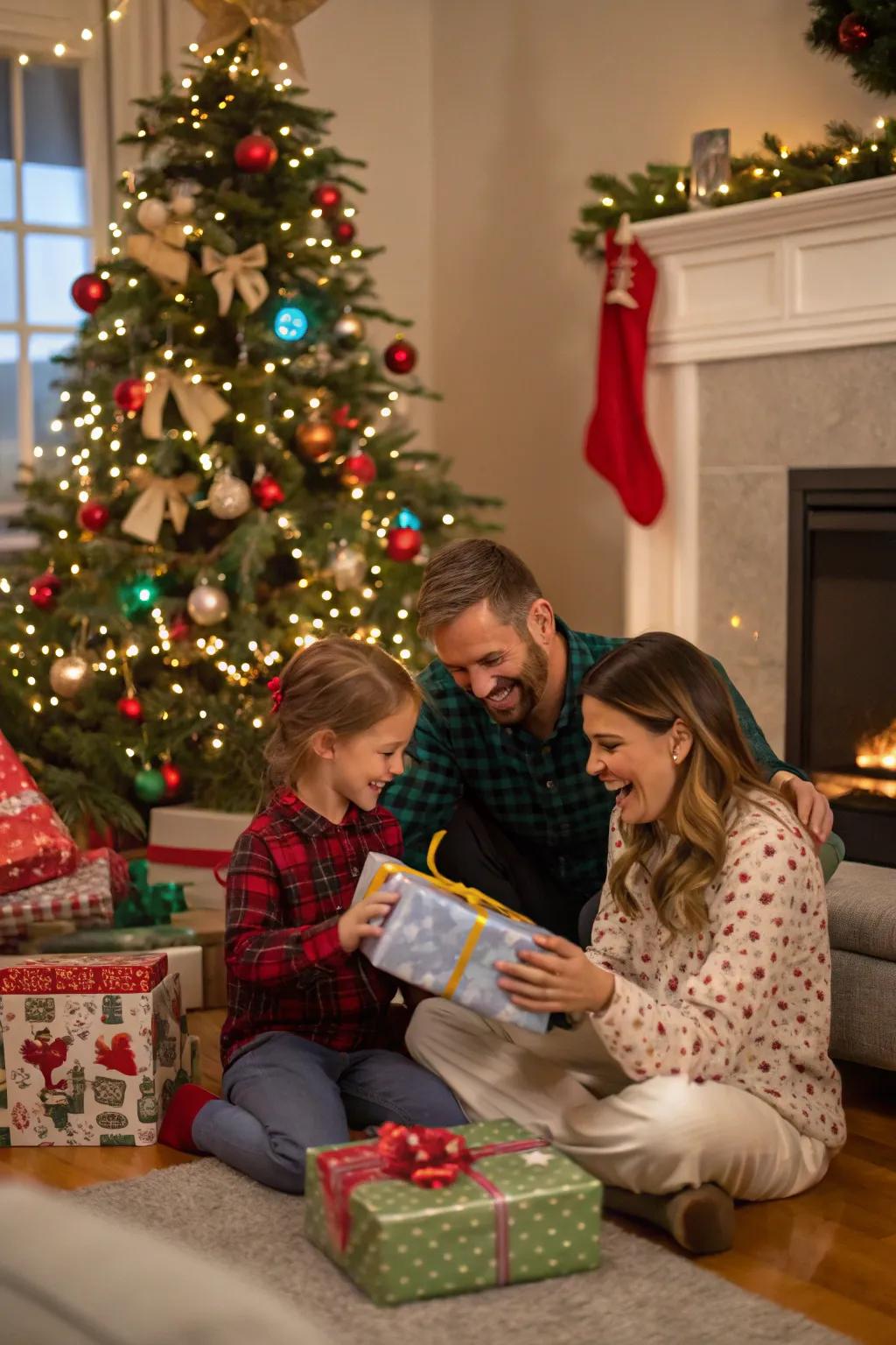 The anticipation of Christmas morning shown as a family finds presents under the tree.