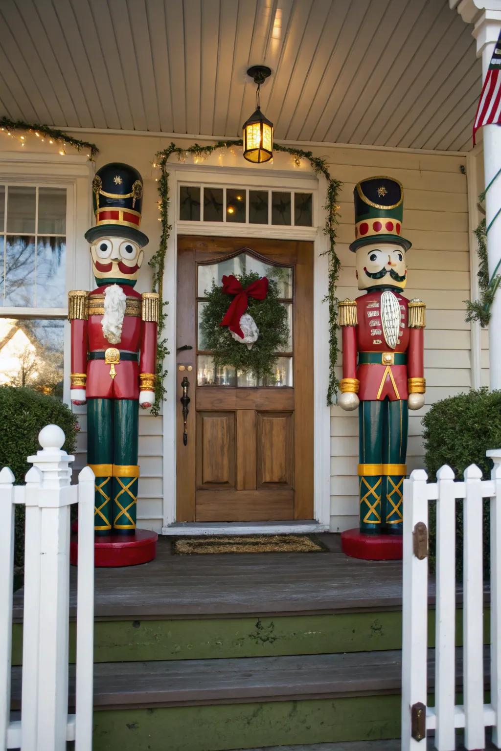 Wooden soldier figurines add a whimsical touch to the porch entrance.