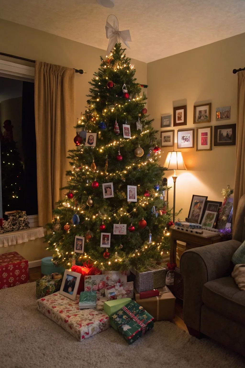 A personalized Christmas tree adorned with keepsakes and vibrant lights, rendering it a heartwarming holiday centerpiece.