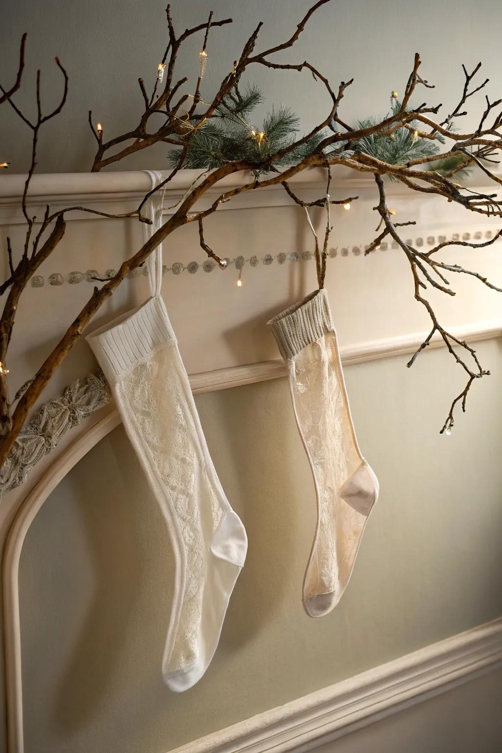 An inventive presentation of stockings incorporates allure to the wall.