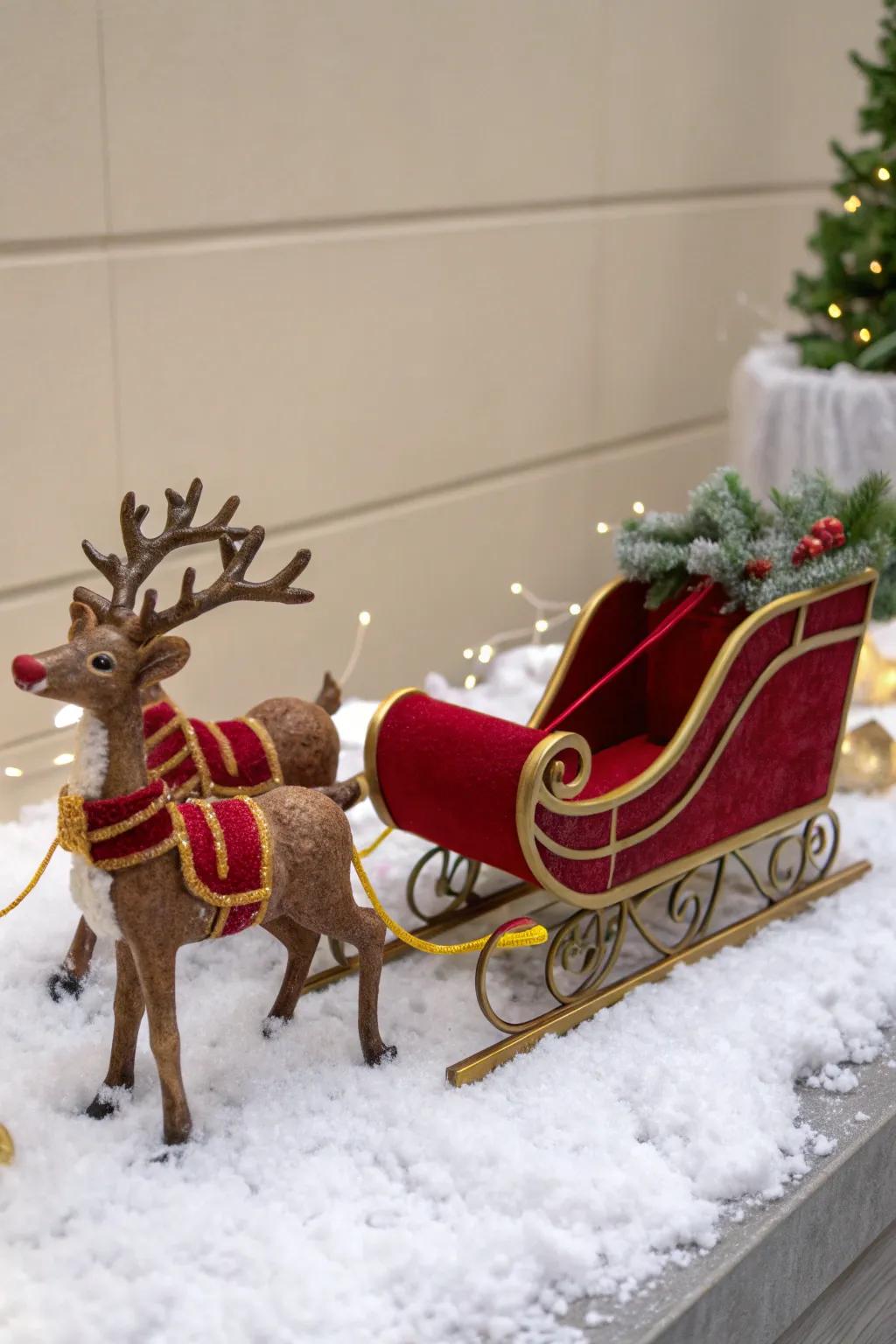 A whimsical Santa&rsquo;s sleigh display showcasing reindeer and snow.