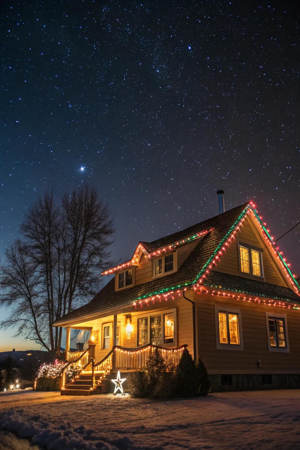Rooftop lights create a stunning festive outline.